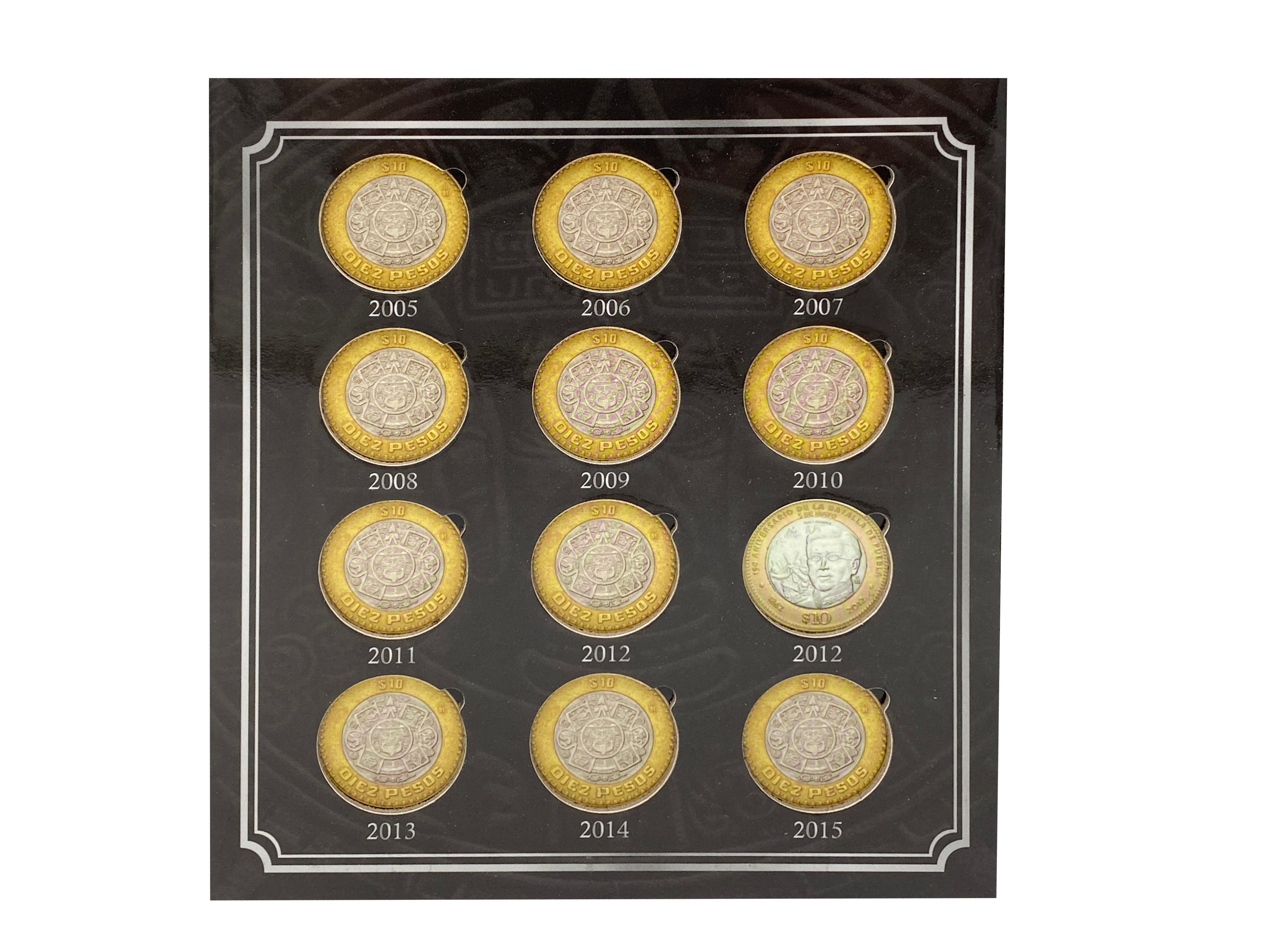 Álbum tríptico para coleccionar monedas de 10 pesos mexicanos, con imágenes de la piedra del sol y espacio para monedas de 1992 a 2027.  Con espacio para hasta 35 monedas, ideal para coleccionistas mexicanos