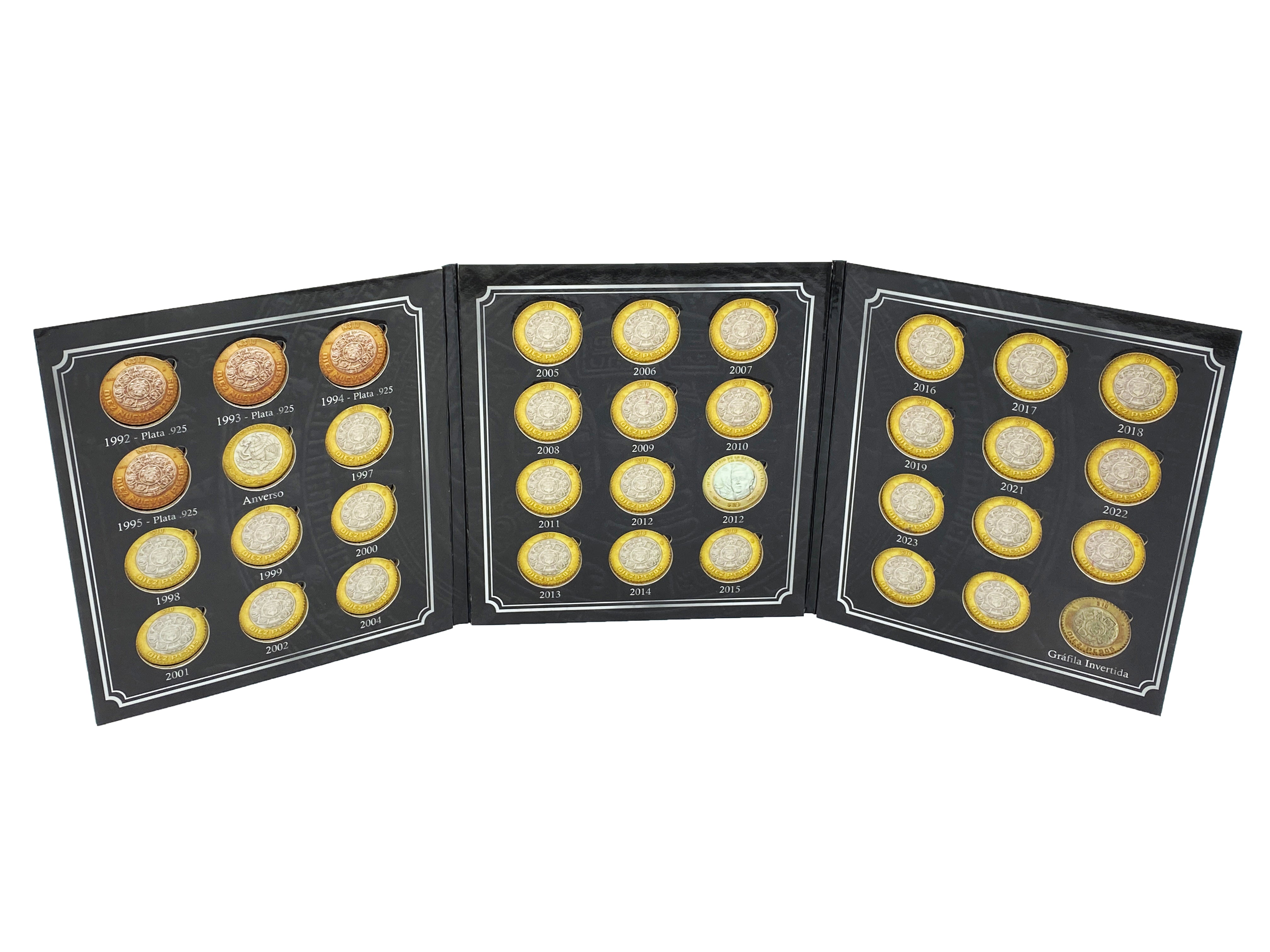 Álbum tríptico para coleccionar monedas de 10 pesos mexicanos, con imágenes de la piedra del sol y espacio para monedas de 1992 a 2027.  Con espacio para hasta 35 monedas, ideal para coleccionistas mexicanos