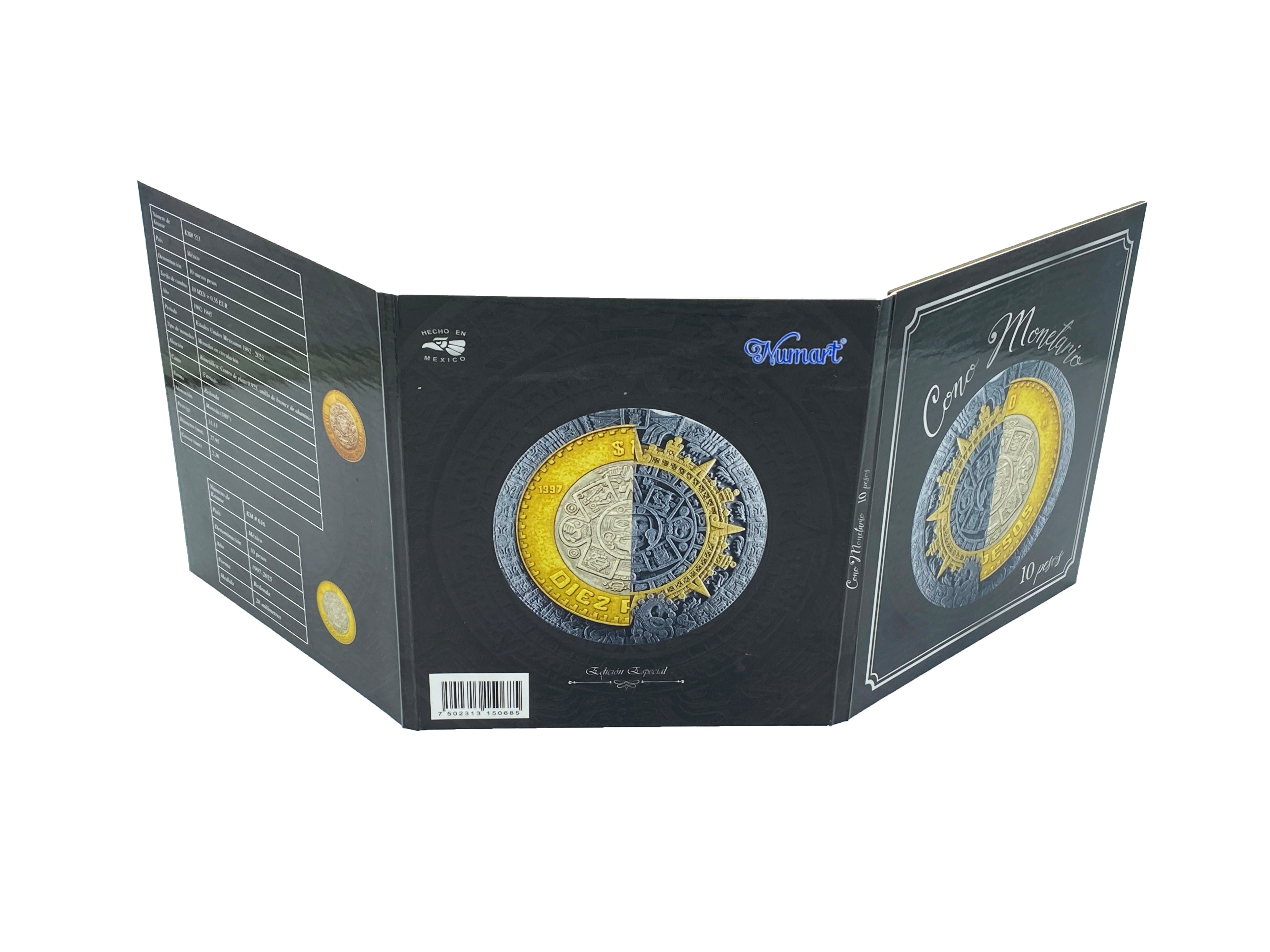 Álbum tríptico para coleccionar monedas de 10 pesos mexicanos, con imágenes de la piedra del sol y espacio para monedas de 1992 a 2027.  Con espacio para hasta 35 monedas, ideal para coleccionistas mexicanos