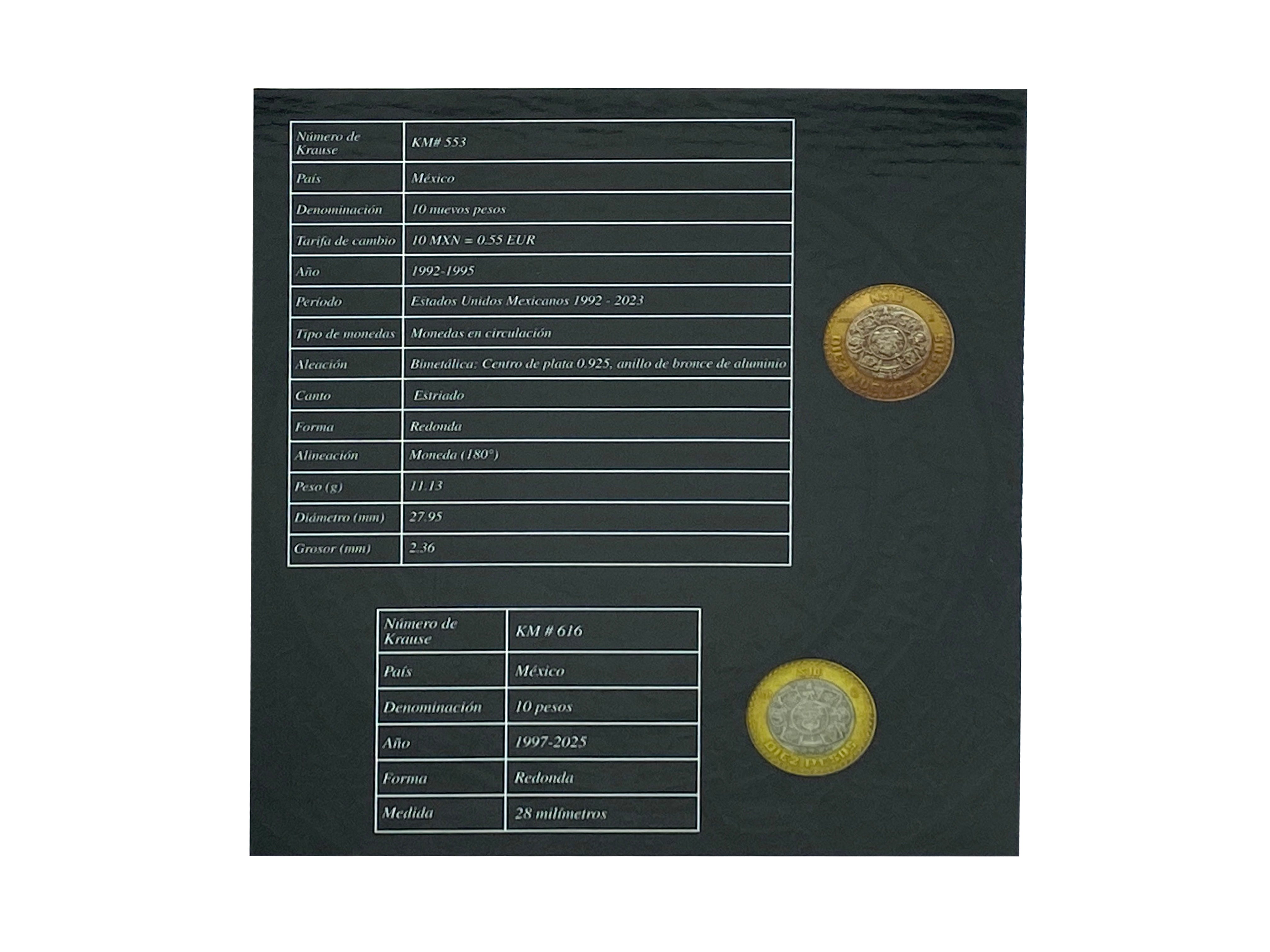 Álbum tríptico para coleccionar monedas de 10 pesos mexicanos, con imágenes de la piedra del sol y espacio para monedas de 1992 a 2027.  Con espacio para hasta 35 monedas, ideal para coleccionistas mexicanos