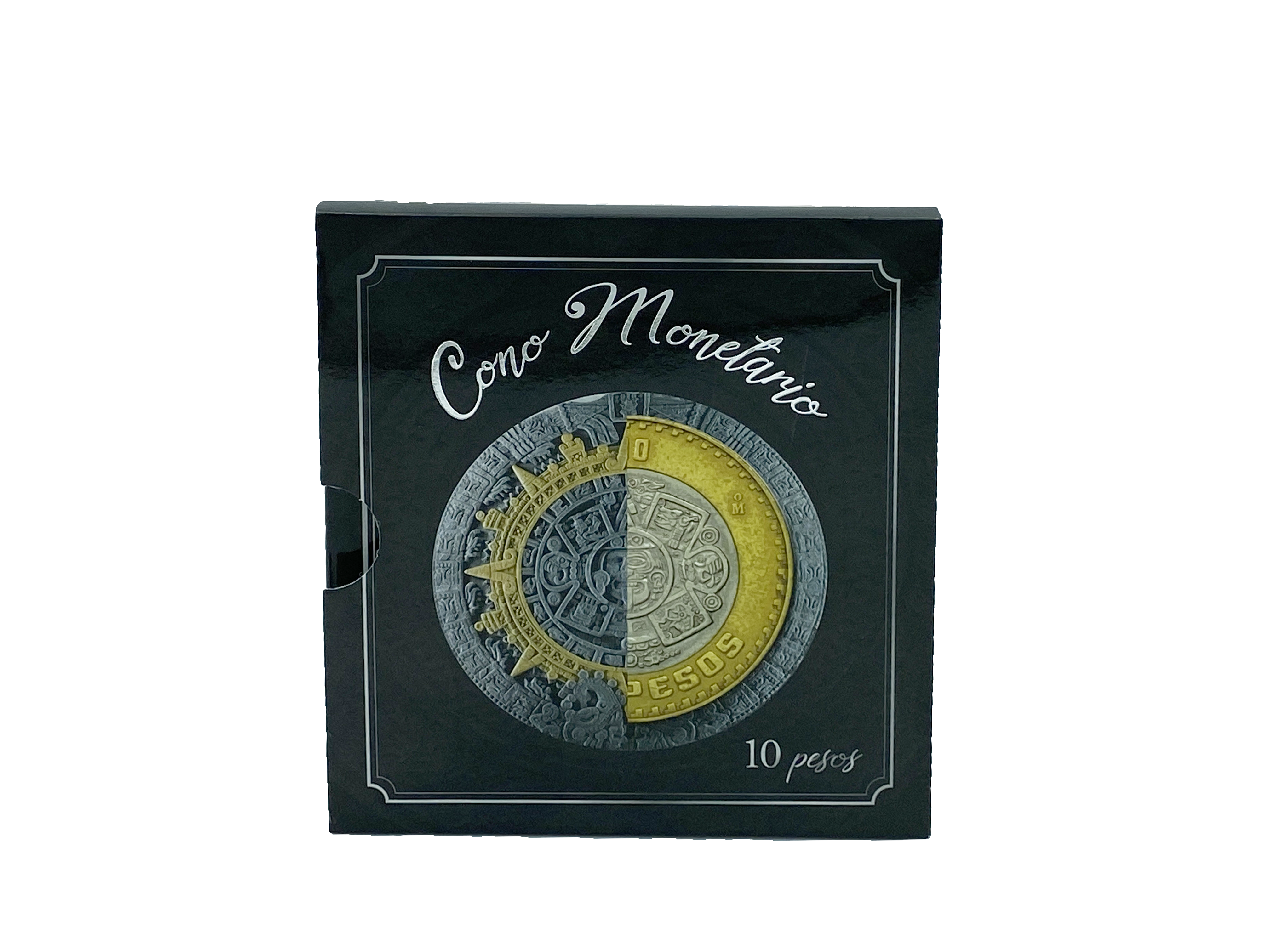 Álbum tríptico para coleccionar monedas de 10 pesos mexicanos, con imágenes de la piedra del sol y espacio para monedas de 1992 a 2027.  Con espacio para hasta 35 monedas, ideal para coleccionistas mexicanos