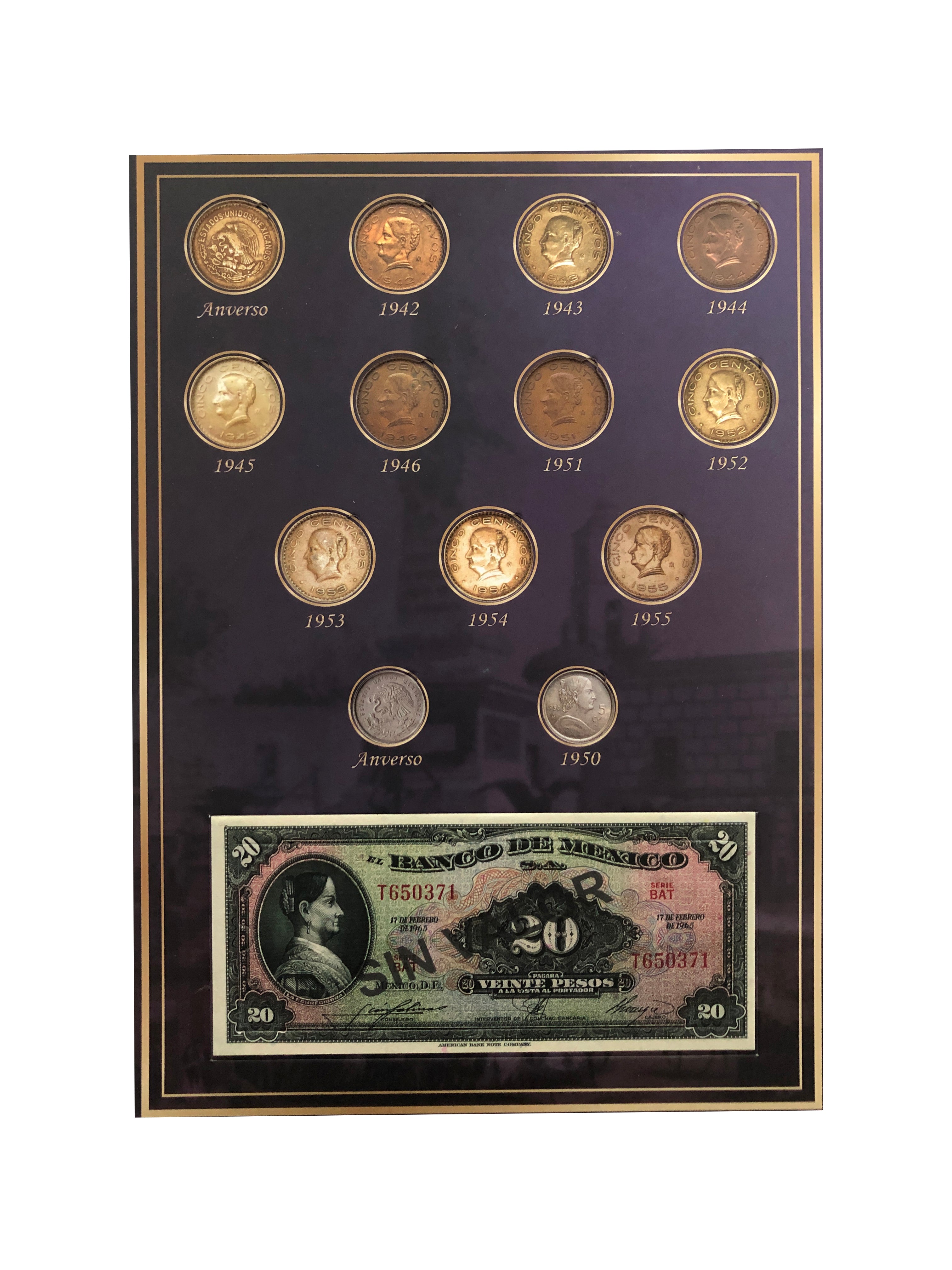 Álbum para colección de monedas de 5 centavos Mexicanas (1942-1976) con espacio para 38 monedas y 2 billetes, diseño rígido con imagen de Josefa Ortiz de Domínguez.