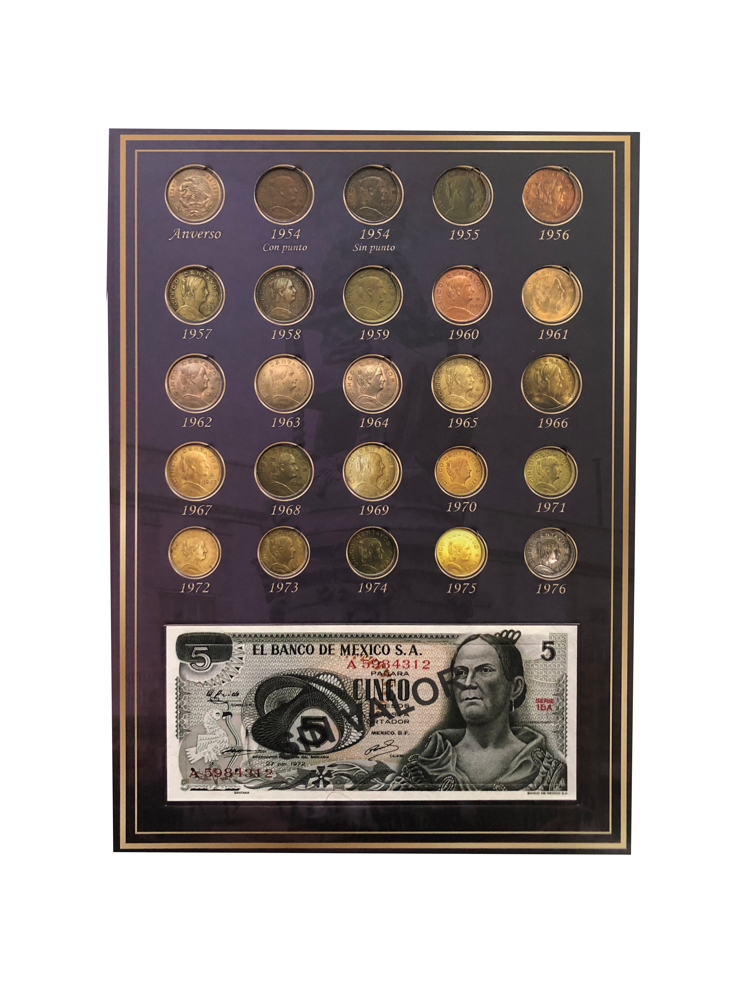 Álbum para colección de monedas de 5 centavos Mexicanas (1942-1976) con espacio para 38 monedas y 2 billetes, diseño rígido con imagen de Josefa Ortiz de Domínguez.