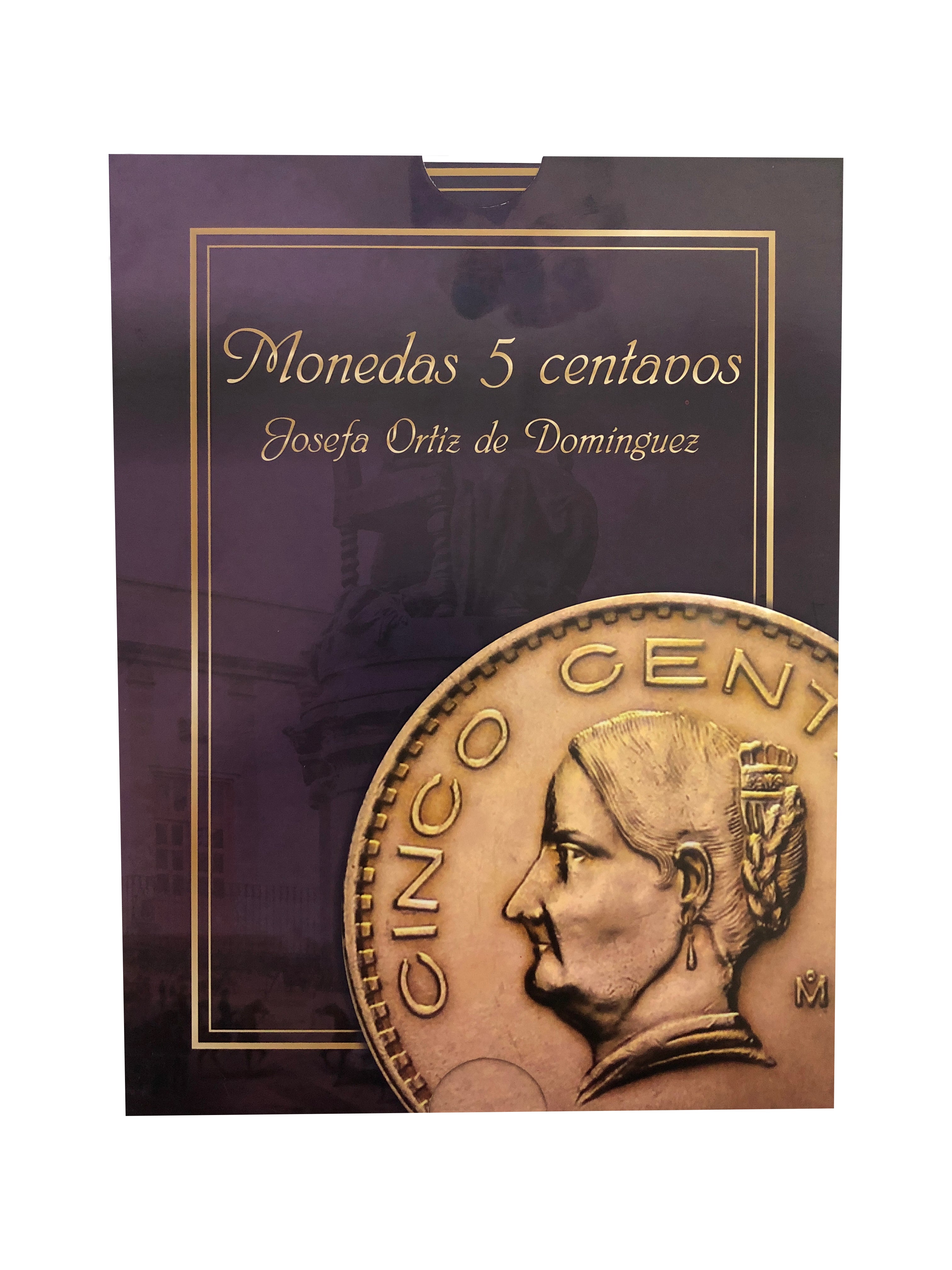 Álbum para colección de monedas de 5 centavos Mexicanas (1942-1976) con espacio para 38 monedas y 2 billetes, diseño rígido con imagen de Josefa Ortiz de Domínguez.