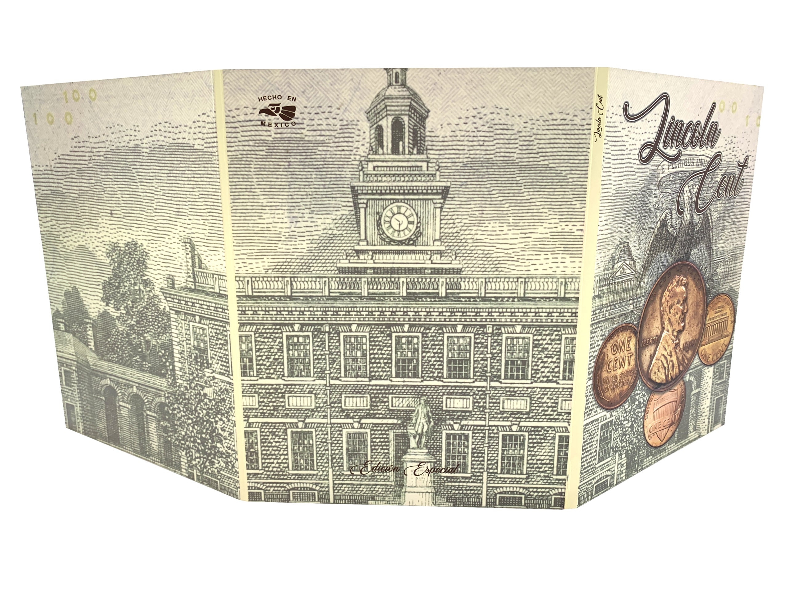 Álbum tríptico para monedas de un centavo de dólar americano, con espacio para 120 monedas desde 1909 hasta 2025, incluyendo versiones conmemorativas de 2009. Hecho de cartón rígido con canto dorado y funda protectora, ideal para coleccionistas.