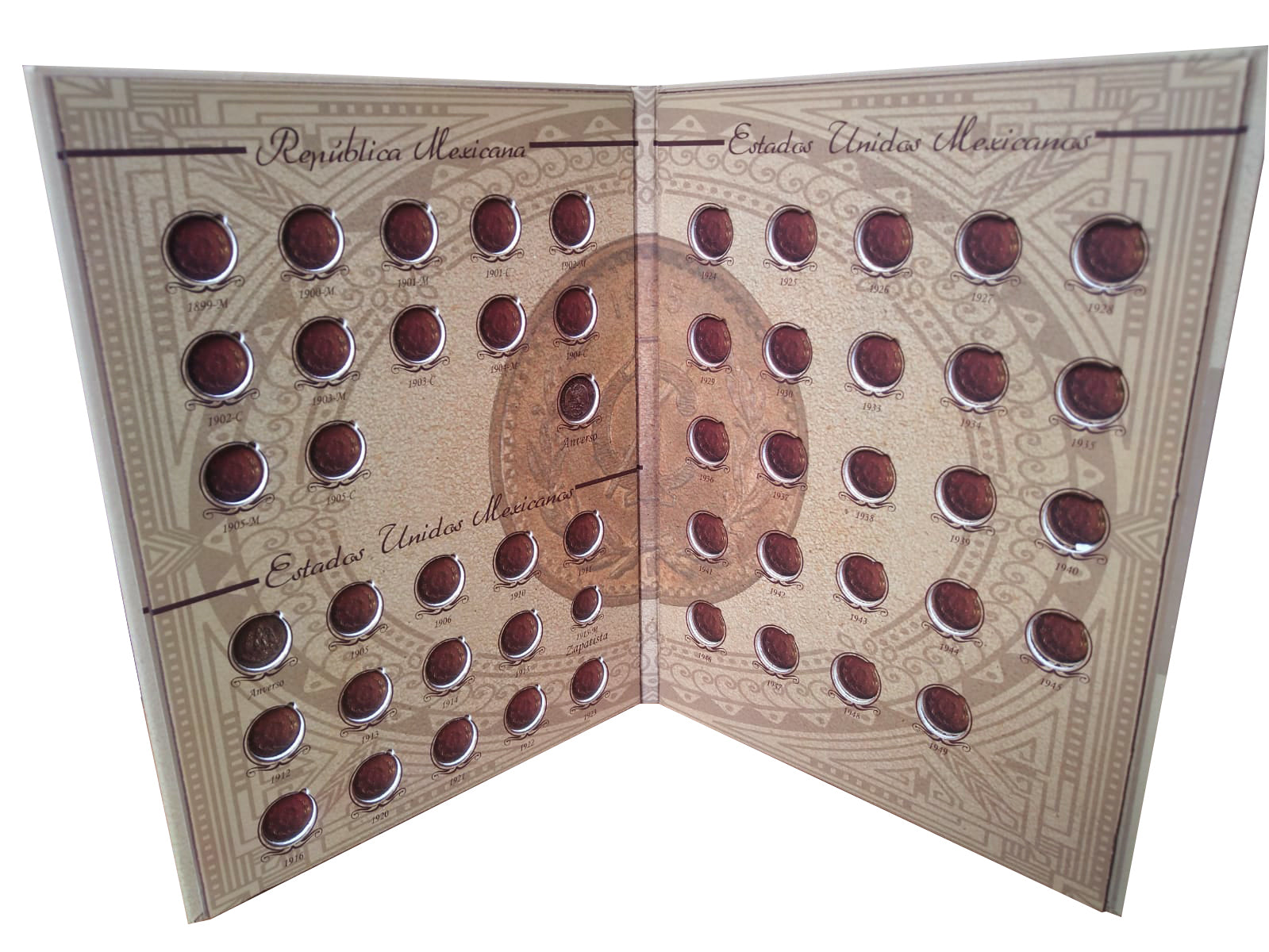 Álbum de colección para monedas de 1 centavo mexicano, con diseño especial para 53 monedas, incluyendo series de República Mexicana y Estados Unidos Mexicanos. Elaborado en pasta dura con letras metalizadas en la portada, ideal para coleccionistas.