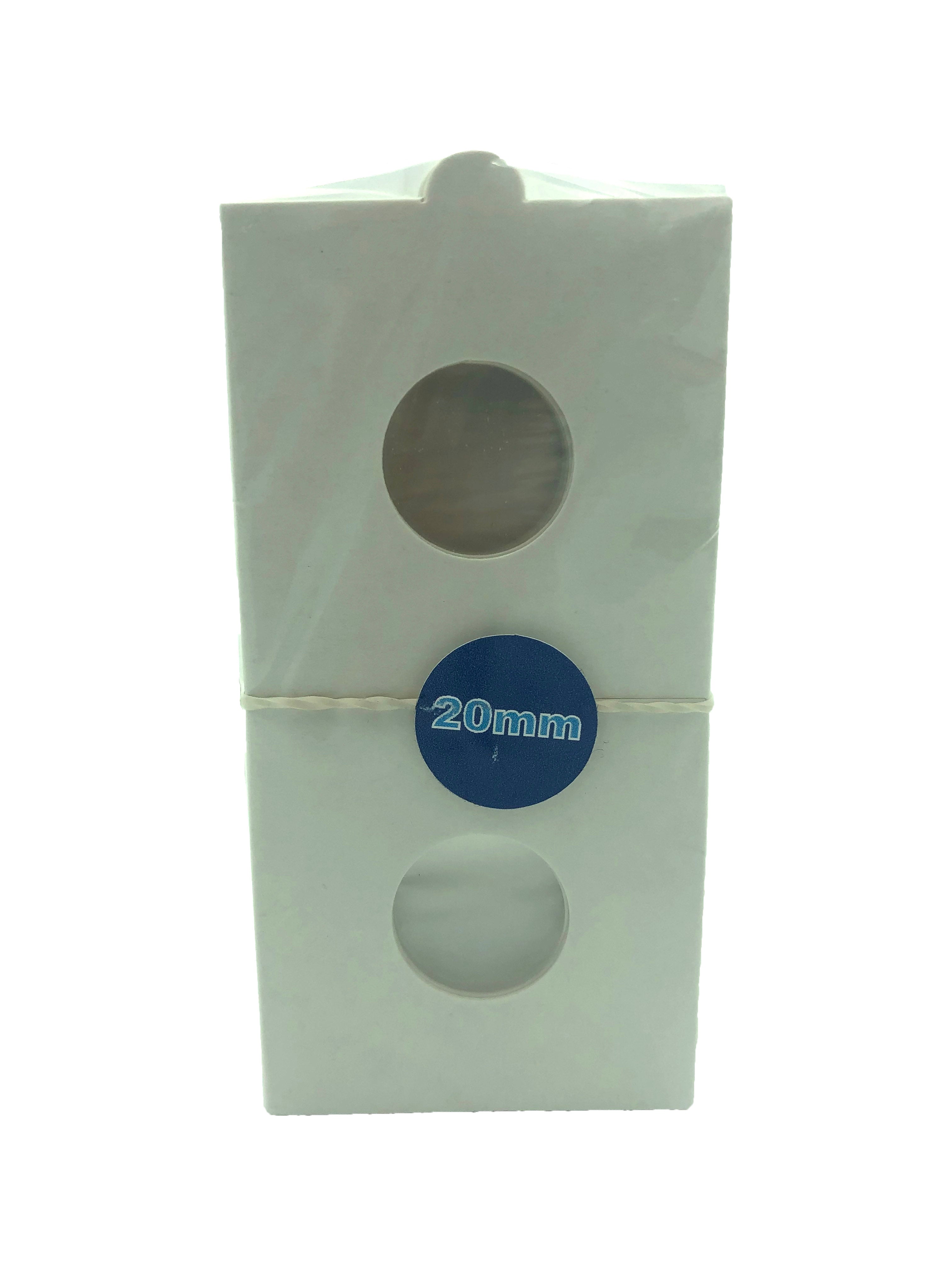 Pack de 50 cartones protectores para monedas con celofán, color blanco cartón premium, libres de ácidos y PVC, disponibles en 12 tamaños, ideales para coleccionistas.