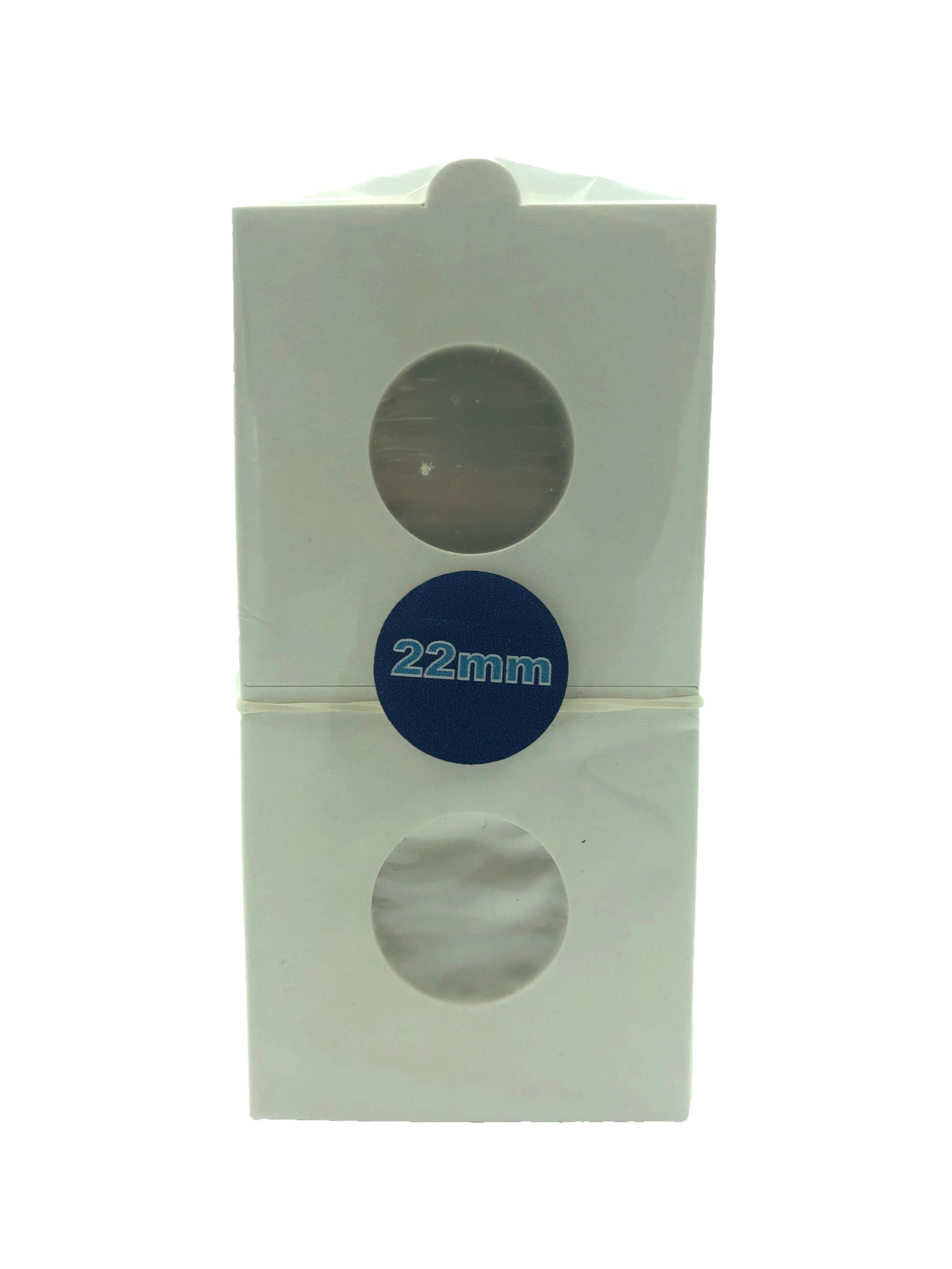 Pack de 50 cartones protectores para monedas con celofán, color blanco cartón premium, libres de ácidos y PVC, disponibles en 12 tamaños, ideales para coleccionistas.