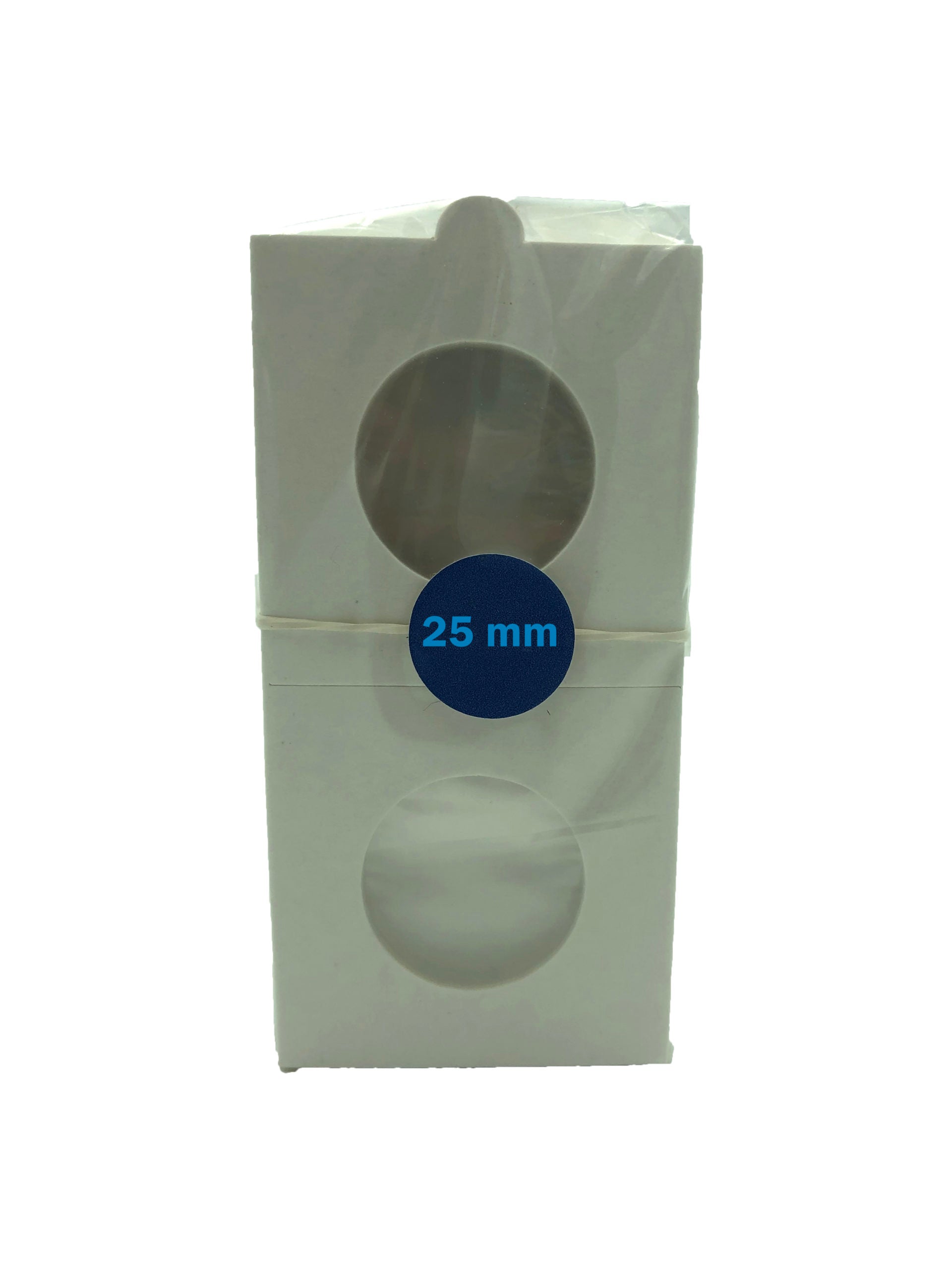 Pack de 50 cartones protectores para monedas con celofán, color blanco cartón premium, libres de ácidos y PVC, disponibles en 12 tamaños, ideales para coleccionistas.