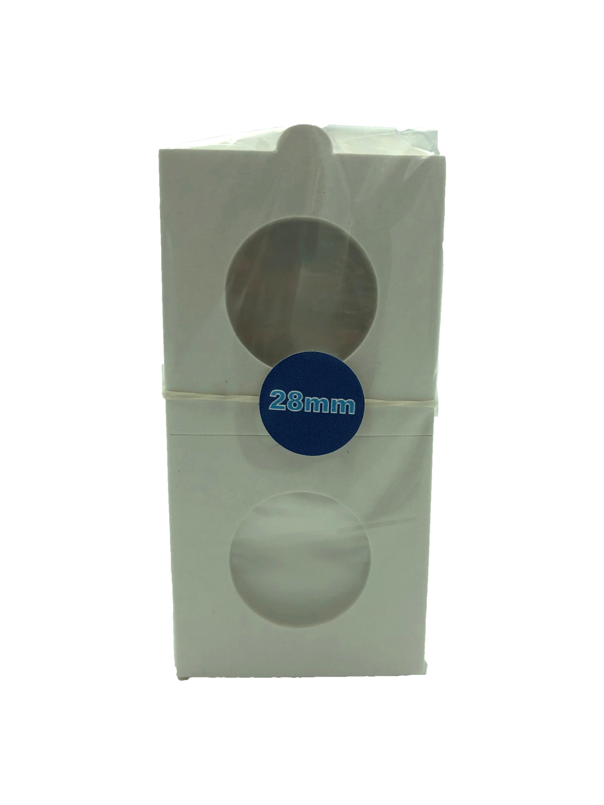 Pack de 50 cartones protectores para monedas con celofán, color blanco cartón premium, libres de ácidos y PVC, disponibles en 12 tamaños, ideales para coleccionistas.