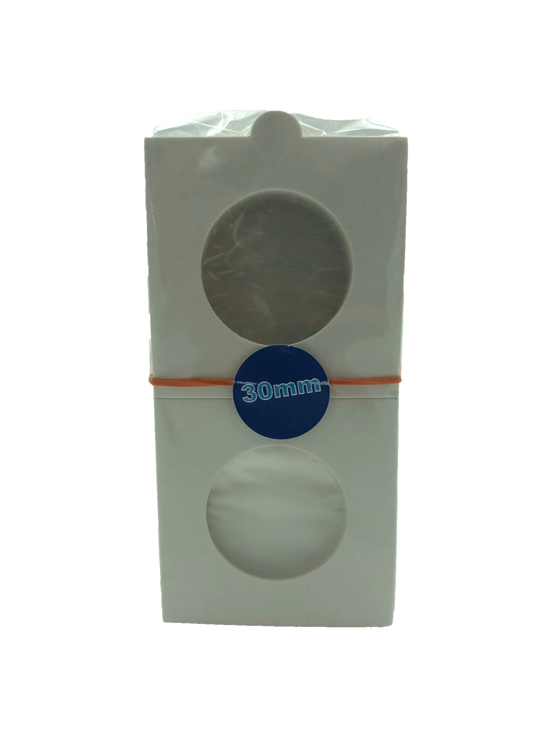 Pack de 50 cartones protectores para monedas con celofán, color blanco cartón premium, libres de ácidos y PVC, disponibles en 12 tamaños, ideales para coleccionistas.