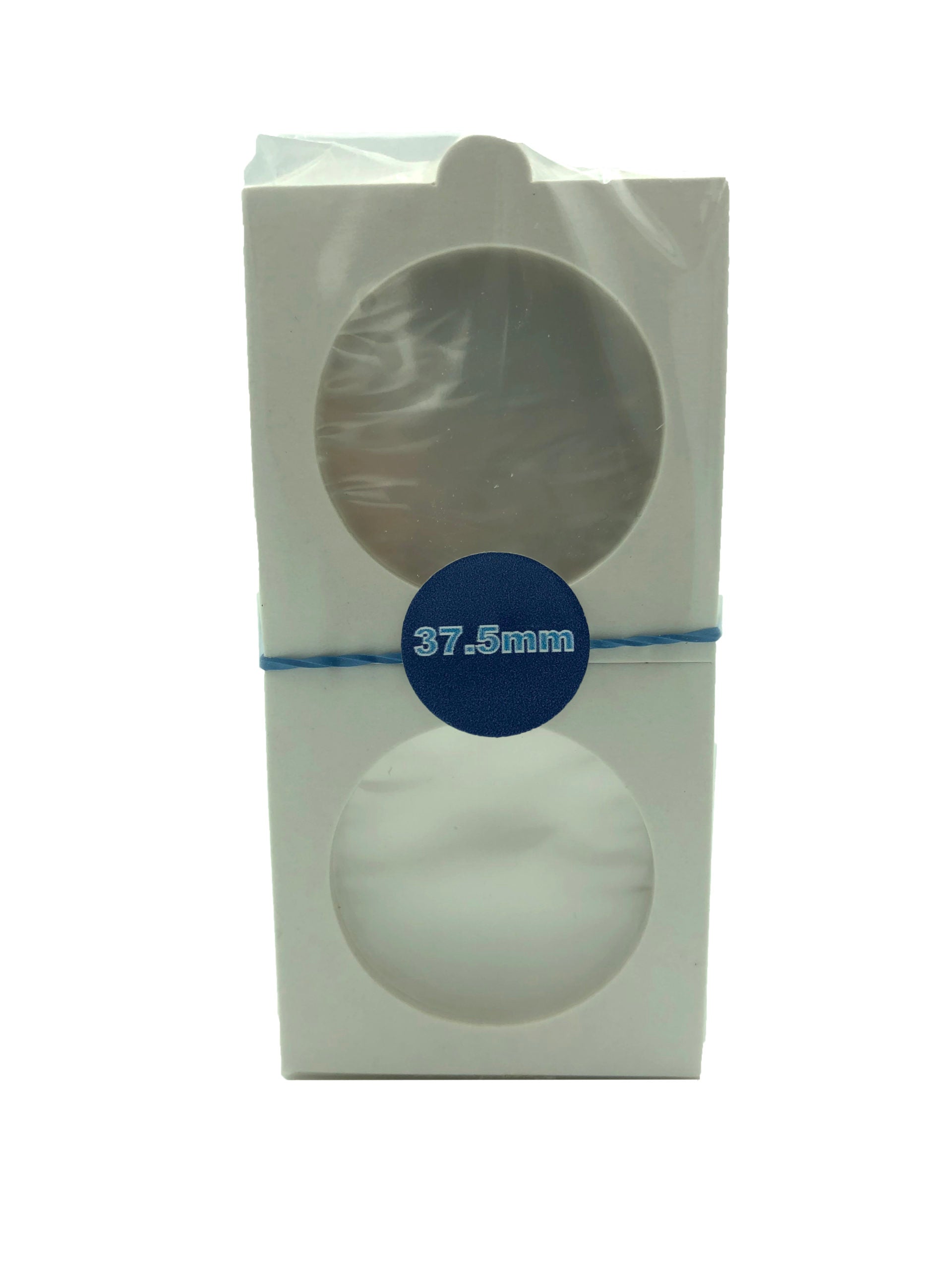 Pack de 50 cartones protectores para monedas con celofán, color blanco cartón premium, libres de ácidos y PVC, disponibles en 12 tamaños, ideales para coleccionistas.