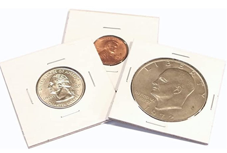Pack de 50 cartones protectores para monedas con celofán, color blanco cartón premium, libres de ácidos y PVC, disponibles en 12 tamaños, ideales para coleccionistas.