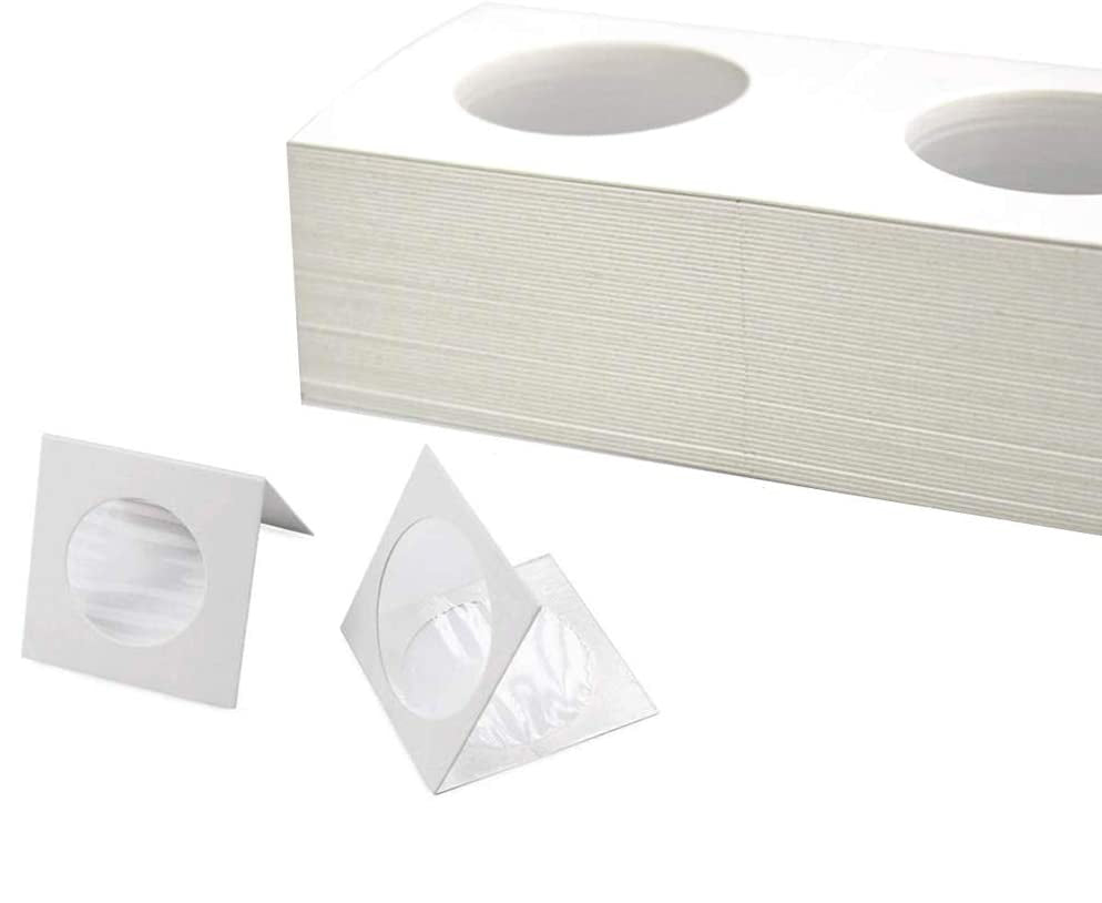 Pack de 50 cartones protectores para monedas con celofán, color blanco cartón premium, libres de ácidos y PVC, disponibles en 12 tamaños, ideales para coleccionistas.