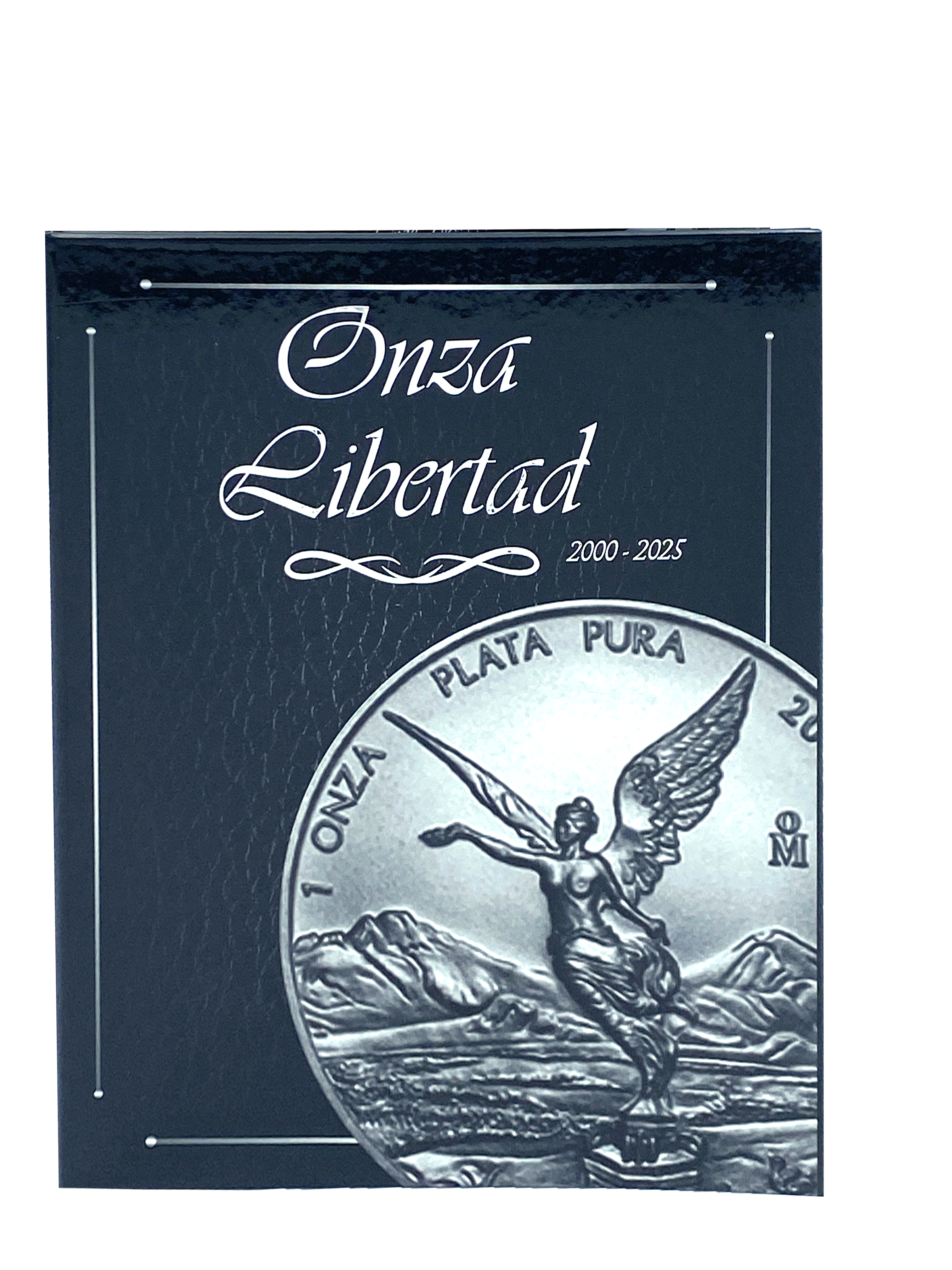 Coleccionador numismático rígido para monedas de plata Libertad 1 oz, capacidad para 26 cápsulas de 40 mm incluidas. Incluye funda guarda polvo, impresión con imagen de monedas por año (2000-2025), y materiales libres de ácidos para proteger tus monedas