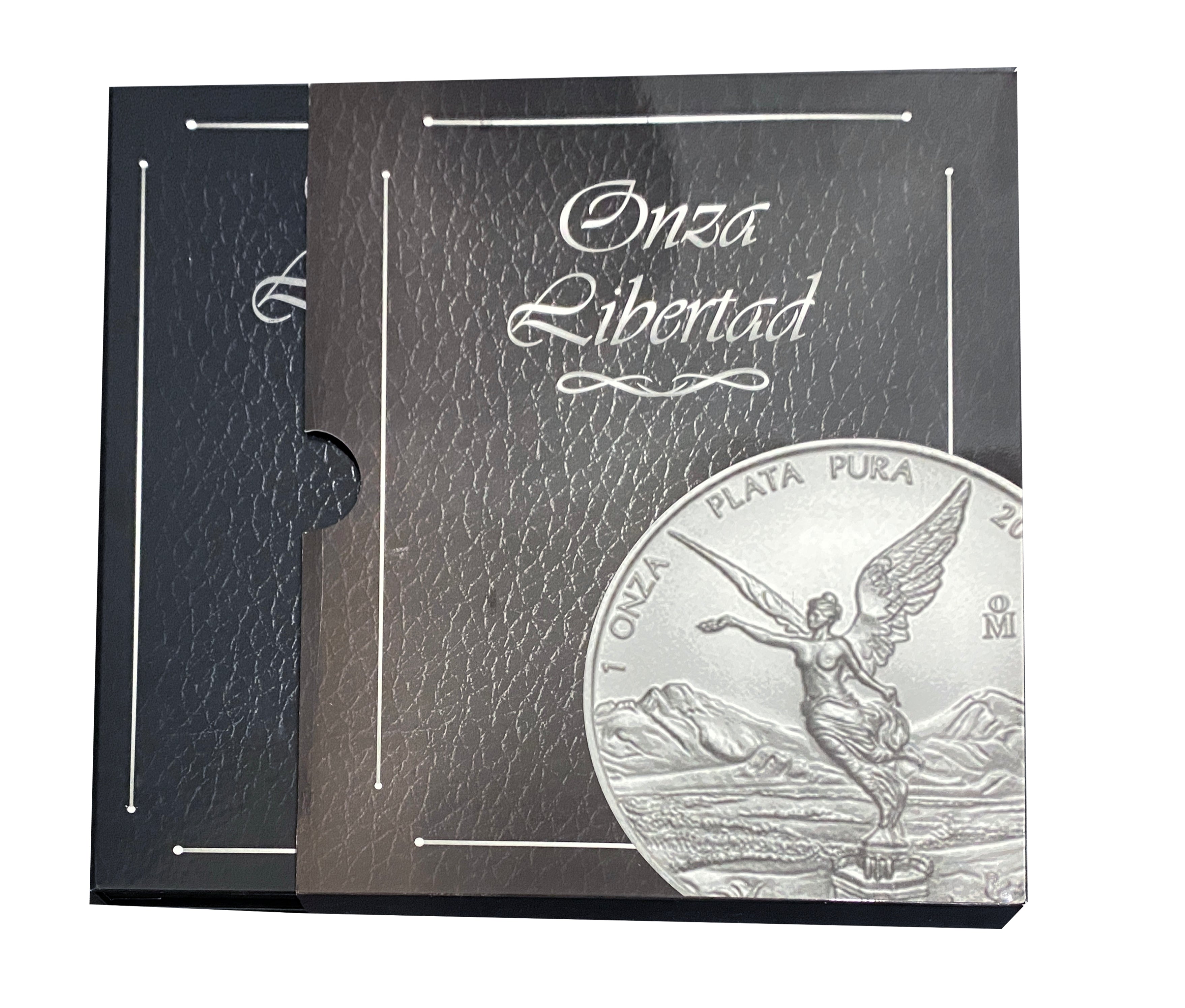 Coleccionador numismático rígido para monedas de plata Libertad 1 oz, capacidad para 26 cápsulas de 40 mm incluidas. Incluye funda guarda polvo, impresión con imagen de monedas por año (2000-2025), y materiales libres de ácidos para proteger tus monedas