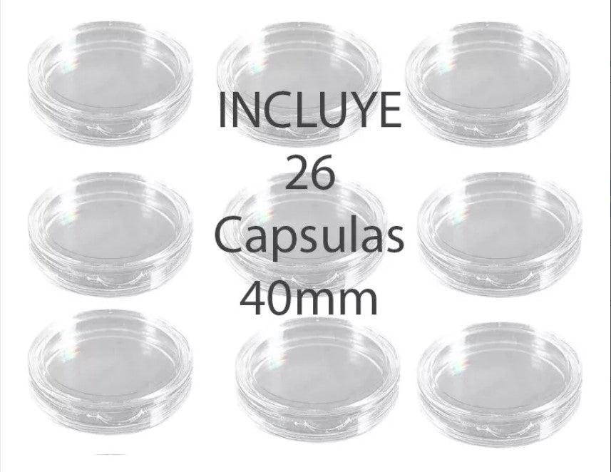 Coleccionador numismático rígido para monedas de plata Libertad 1 oz, capacidad para 26 cápsulas de 40 mm incluidas. Incluye funda guarda polvo, impresión con imagen de monedas por año (2000-2025), y materiales libres de ácidos para proteger tus monedas