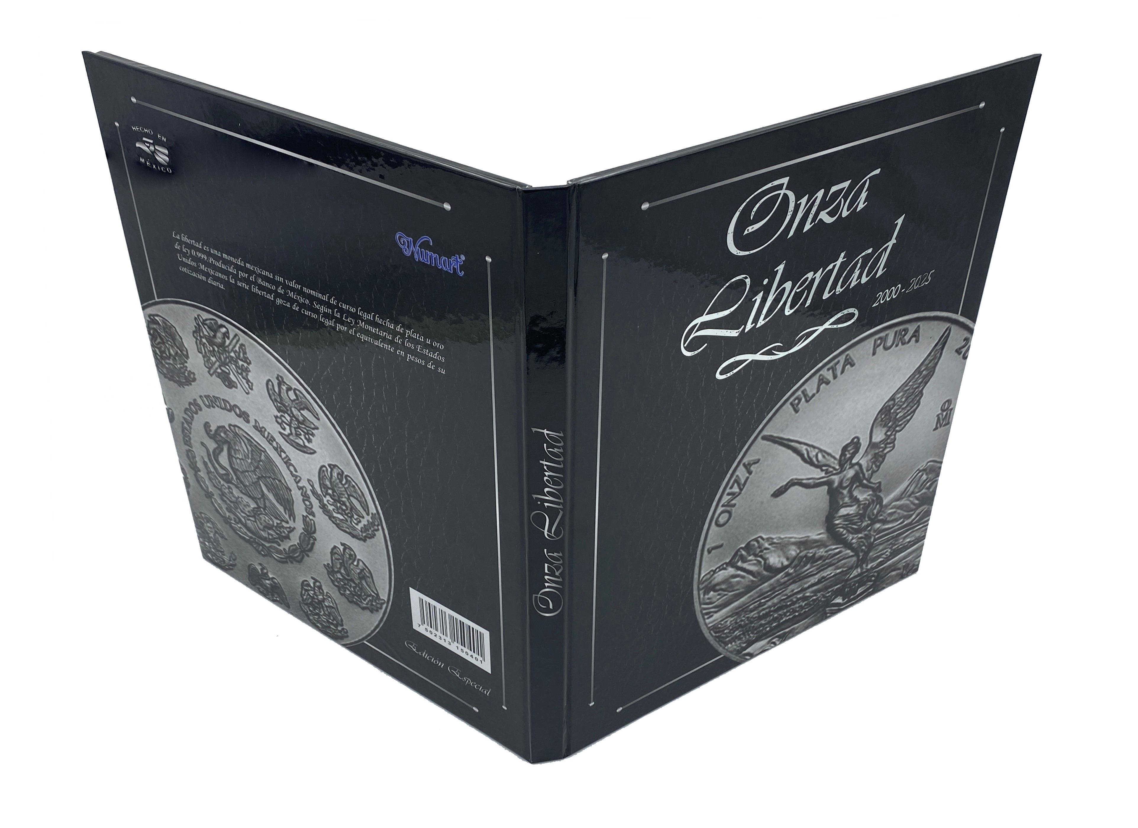 Coleccionador numismático rígido para monedas de plata Libertad 1 oz, capacidad para 26 cápsulas de 40 mm no incluidas. Incluye funda guarda polvo, impresión con imagen de monedas por año (2000-2025), y materiales libres de ácidos para proteger tus monedas