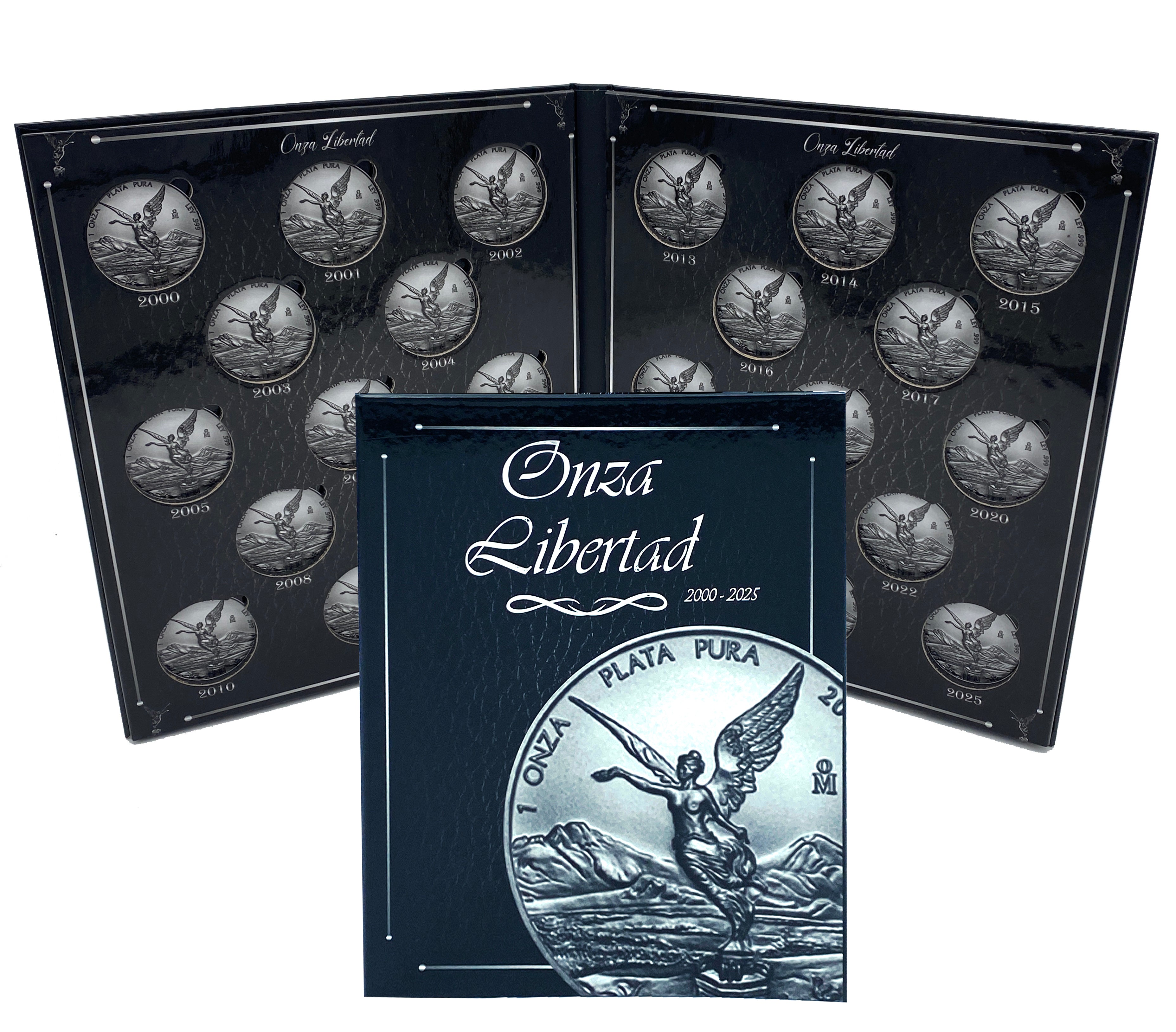 Coleccionador numismático rígido para monedas de plata Libertad 1 oz, capacidad para 26 cápsulas de 40 mm no incluidas. Incluye funda guarda polvo, impresión con imagen de monedas por año (2000-2025), y materiales libres de ácidos para proteger tus monedas
