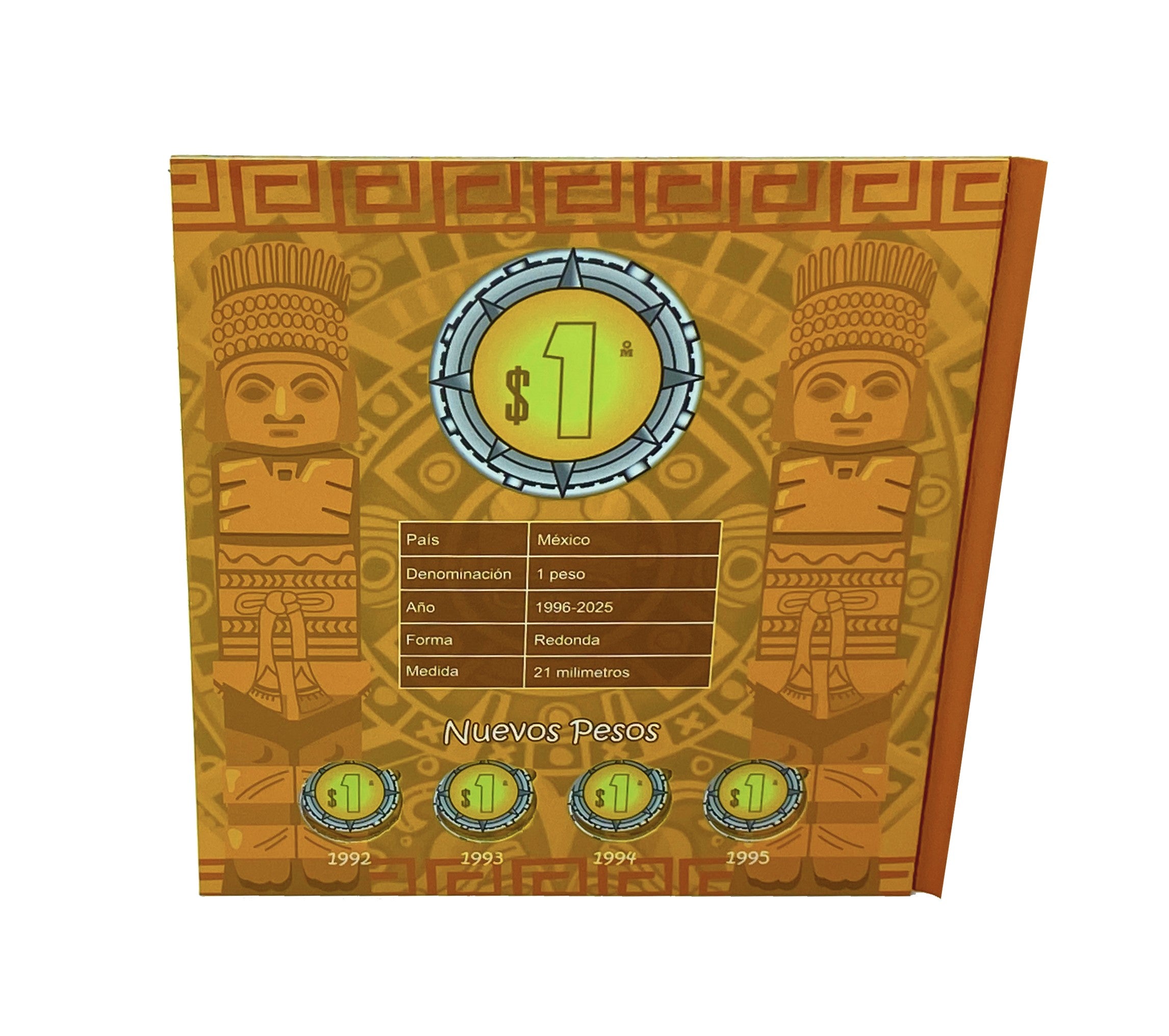 Álbum tríptico para coleccionistas de monedas mexicanas, ideal para monedas de un peso, incluye espacio para monedas de 1992 a la fecha, con diseño vibrante y cubre polvo. Imágenes de culturas antiguas de México.