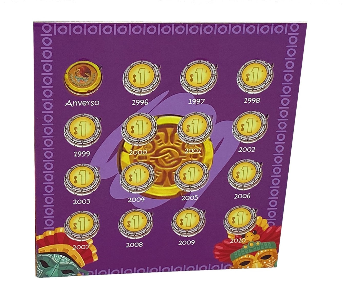 Álbum tríptico para coleccionistas de monedas mexicanas, ideal para monedas de un peso, incluye espacio para monedas de 1992 a la fecha, con diseño vibrante y cubre polvo. Imágenes de culturas antiguas de México.