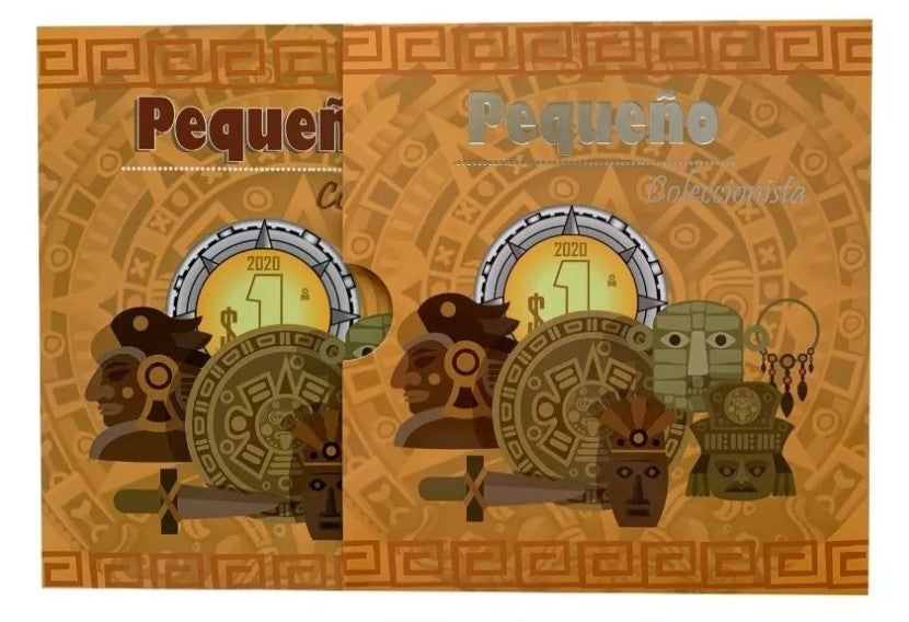 Álbum tríptico para coleccionistas de monedas mexicanas, ideal para monedas de un peso, incluye espacio para monedas de 1992 a la fecha, con diseño vibrante y cubre polvo. Imágenes de culturas antiguas de México.