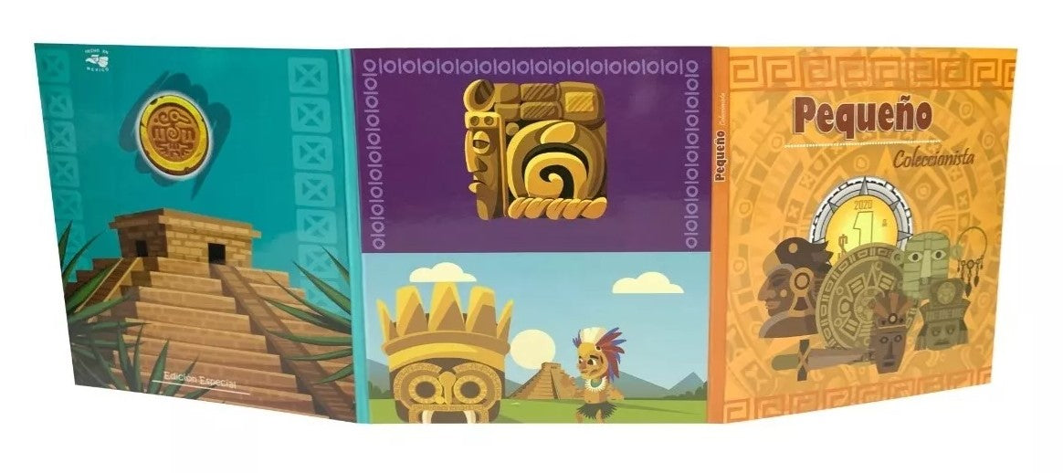 Álbum tríptico para coleccionistas de monedas mexicanas, ideal para monedas de un peso, incluye espacio para monedas de 1992 a la fecha, con diseño vibrante y cubre polvo. Imágenes de culturas antiguas de México.