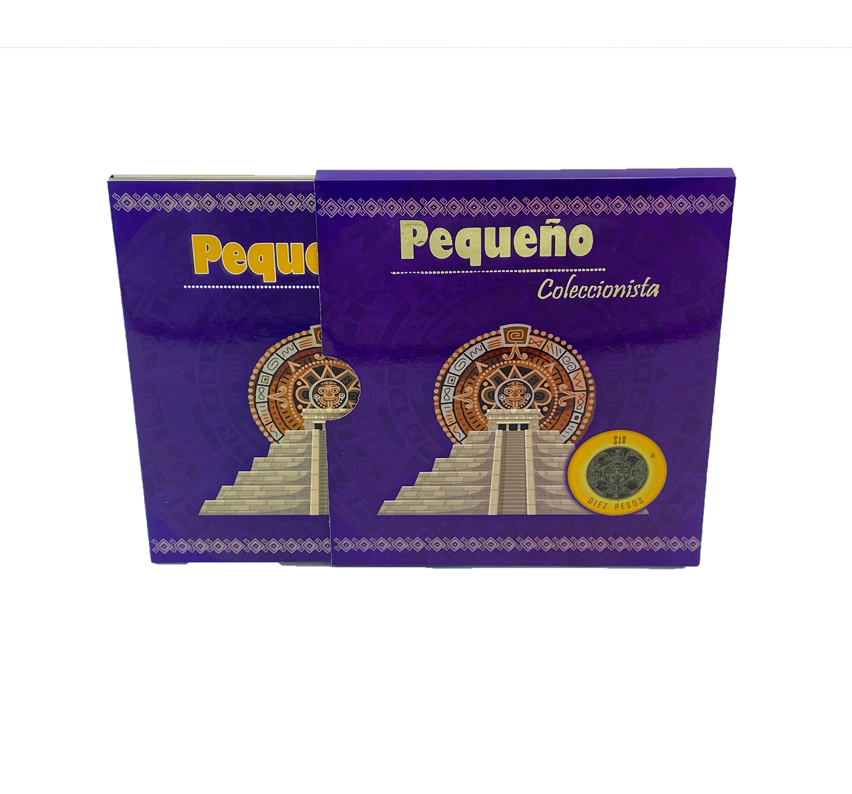 Álbum tríptico para coleccionistas de monedas mexicanas, ideal para monedas de 10 pesos, incluye espacio para monedas de 1992 a la fecha, con diseño vibrante y cubre polvo. Imágenes de culturas antiguas de México.