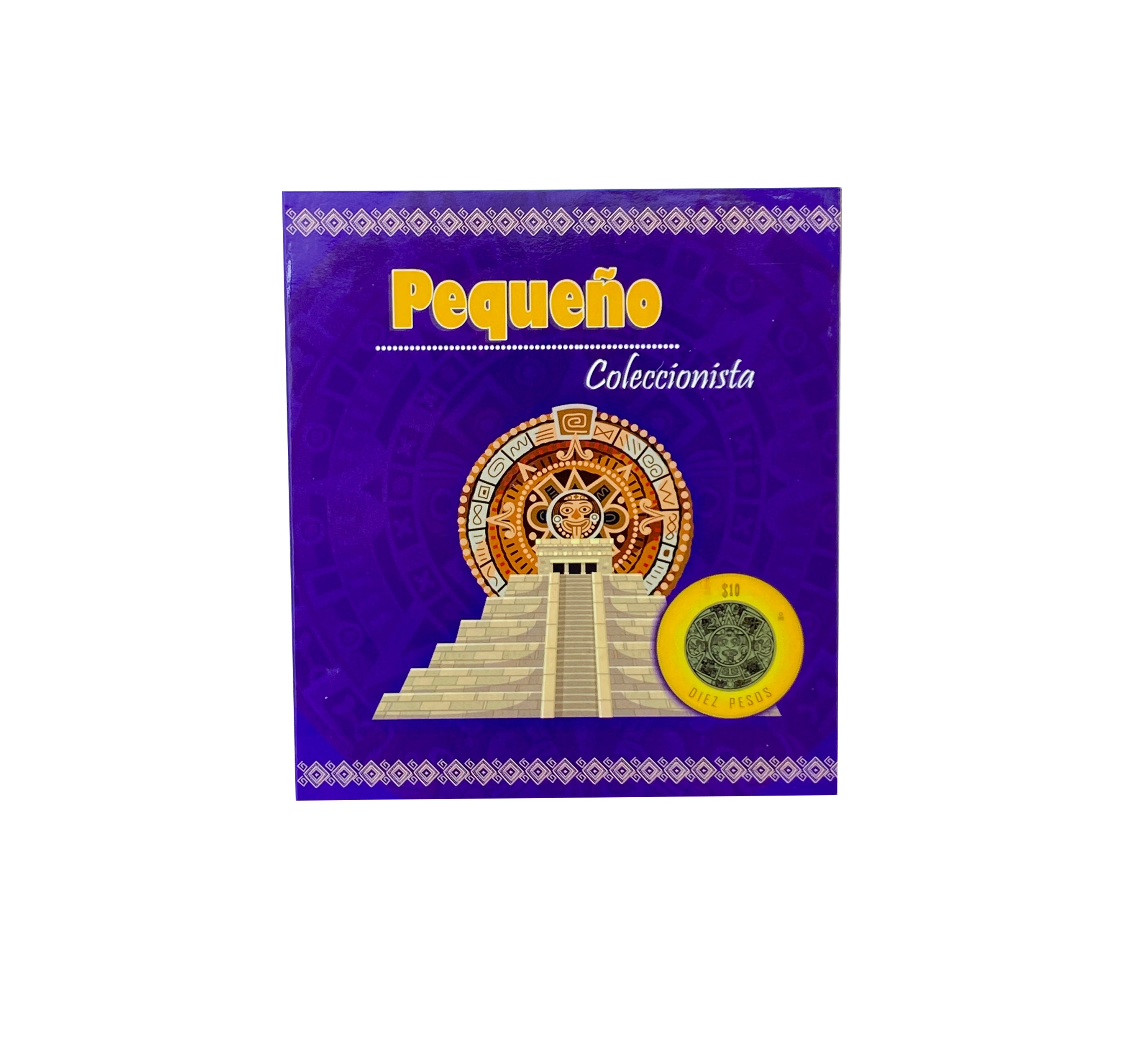 Álbum tríptico para coleccionistas de monedas mexicanas, ideal para monedas de 10 pesos, incluye espacio para monedas de 1992 a la fecha, con diseño vibrante y cubre polvo. Imágenes de culturas antiguas de México.