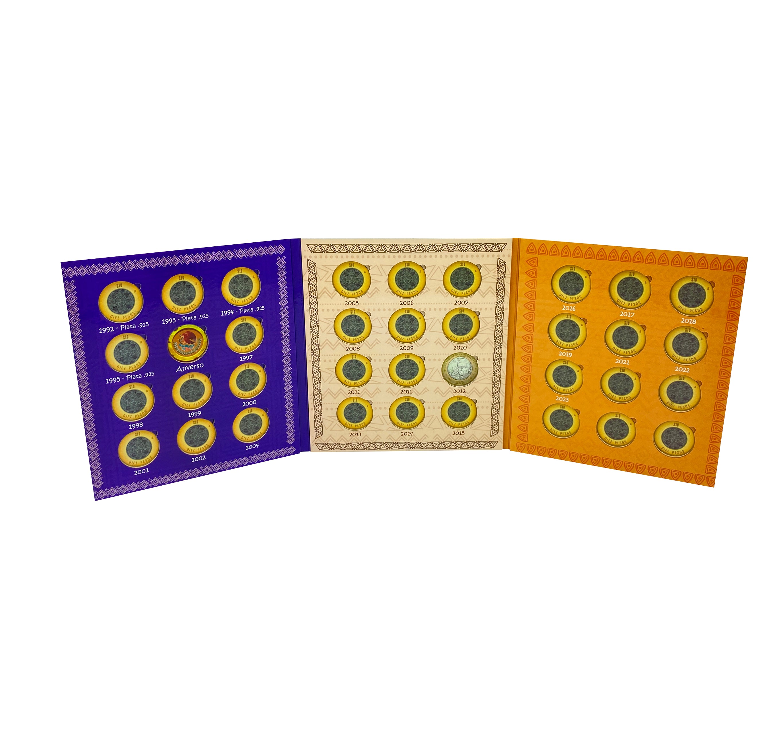 Álbum tríptico para coleccionistas de monedas mexicanas, ideal para monedas de 10 pesos, incluye espacio para monedas de 1992 a la fecha, con diseño vibrante y cubre polvo. Imágenes de culturas antiguas de México.