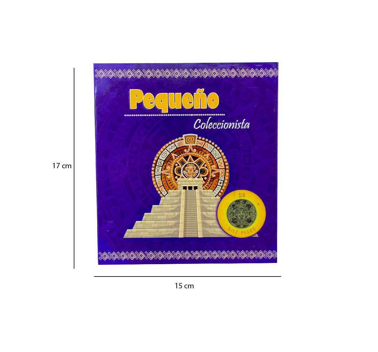 Álbum tríptico para coleccionistas de monedas mexicanas, ideal para monedas de 10 pesos, incluye espacio para monedas de 1992 a la fecha, con diseño vibrante y cubre polvo. Imágenes de culturas antiguas de México.