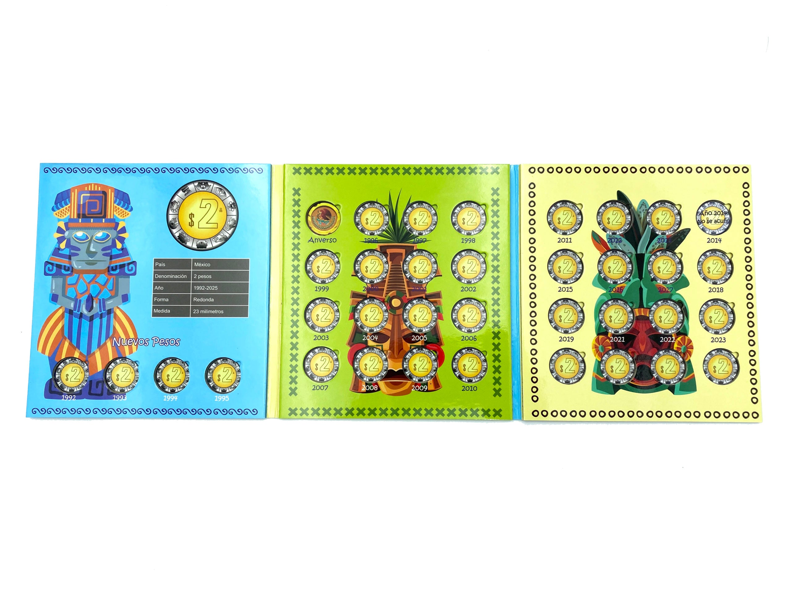Álbum tríptico pequeño para colección de monedas de dos pesos mexicanos, con 36 espacios desde 1992 hasta el presente, diseñado con imágenes de culturas antiguas. Incluye funda protectora, ideal para fomentar el ahorro y el interés numismático en niños y jóvenes.