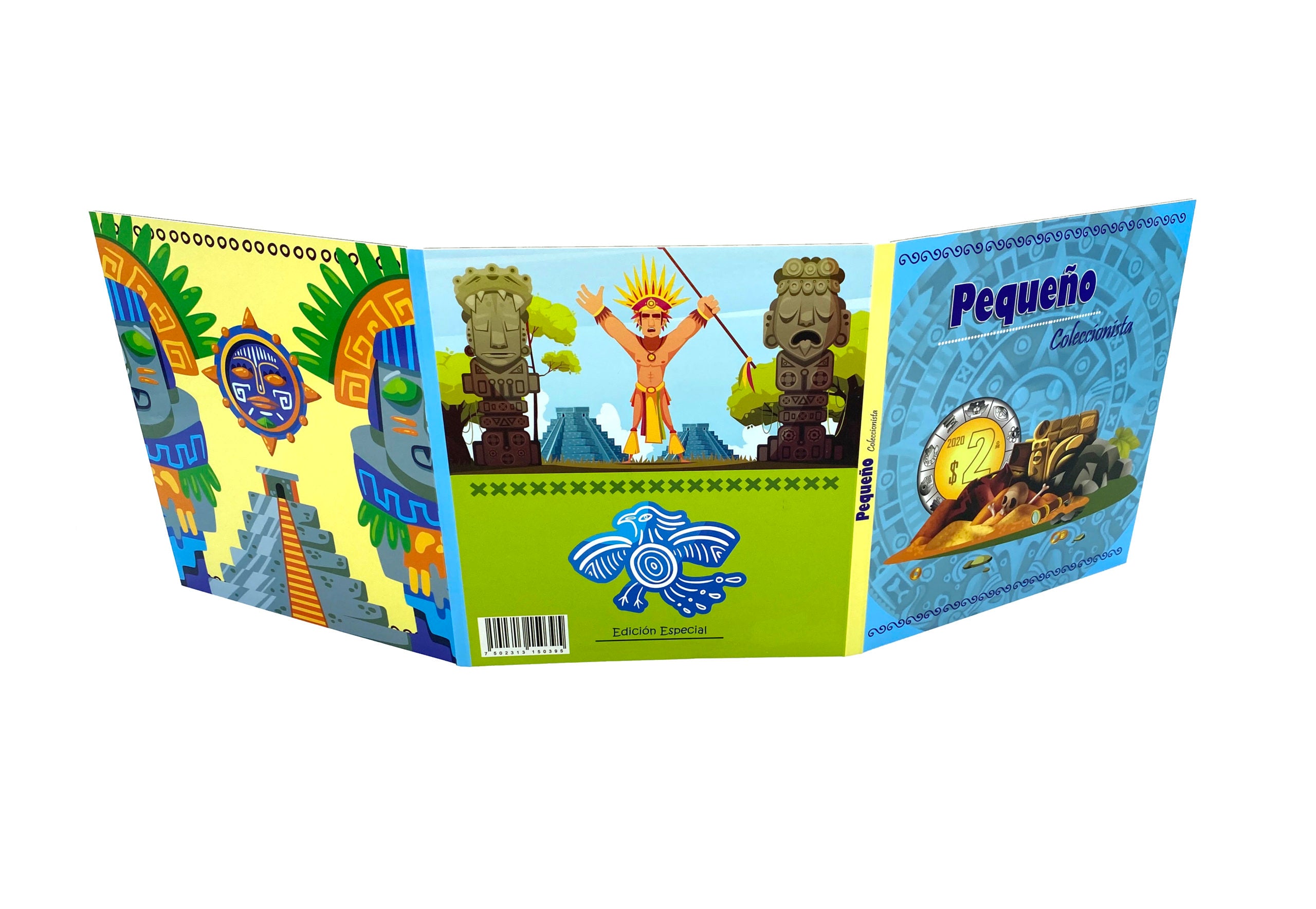 Álbum tríptico pequeño para colección de monedas de dos pesos mexicanos, con 36 espacios desde 1992 hasta el presente, diseñado con imágenes de culturas antiguas. Incluye funda protectora, ideal para fomentar el ahorro y el interés numismático en niños y jóvenes.