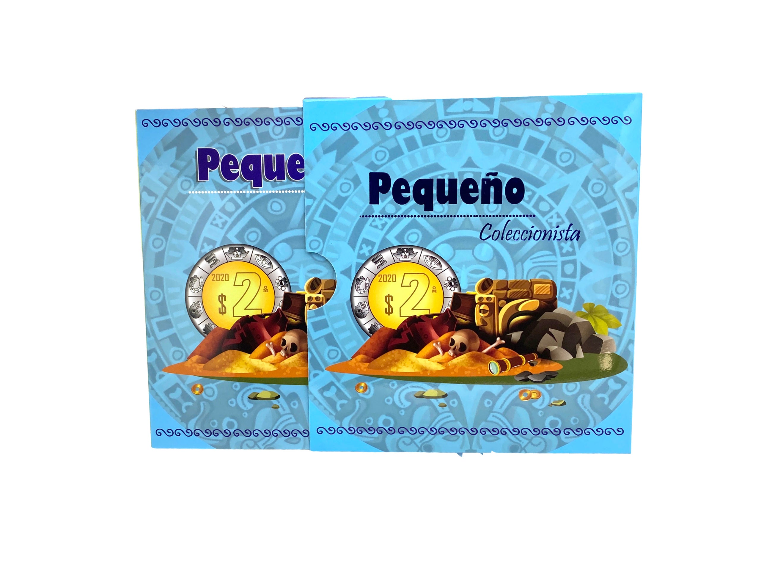 Álbum tríptico pequeño para colección de monedas de dos pesos mexicanos, con 36 espacios desde 1992 hasta el presente, diseñado con imágenes de culturas antiguas. Incluye funda protectora, ideal para fomentar el ahorro y el interés numismático en niños y jóvenes.
