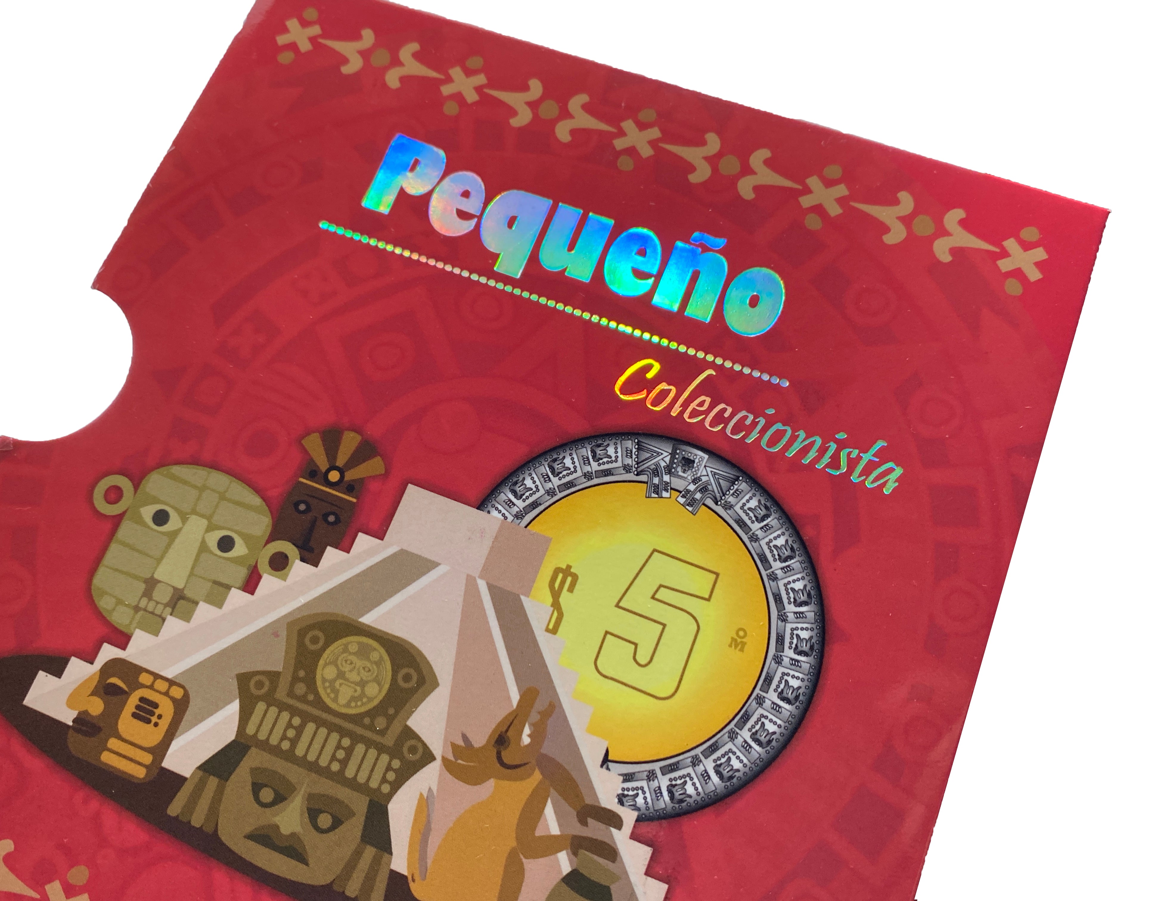 Álbum tríptico para coleccionistas de monedas mexicanas, ideal para monedas de 5 pesos, incluye espacio para monedas de 1992 a la fecha, con diseño vibrante y cubre polvo. Imágenes de culturas antiguas de México.
