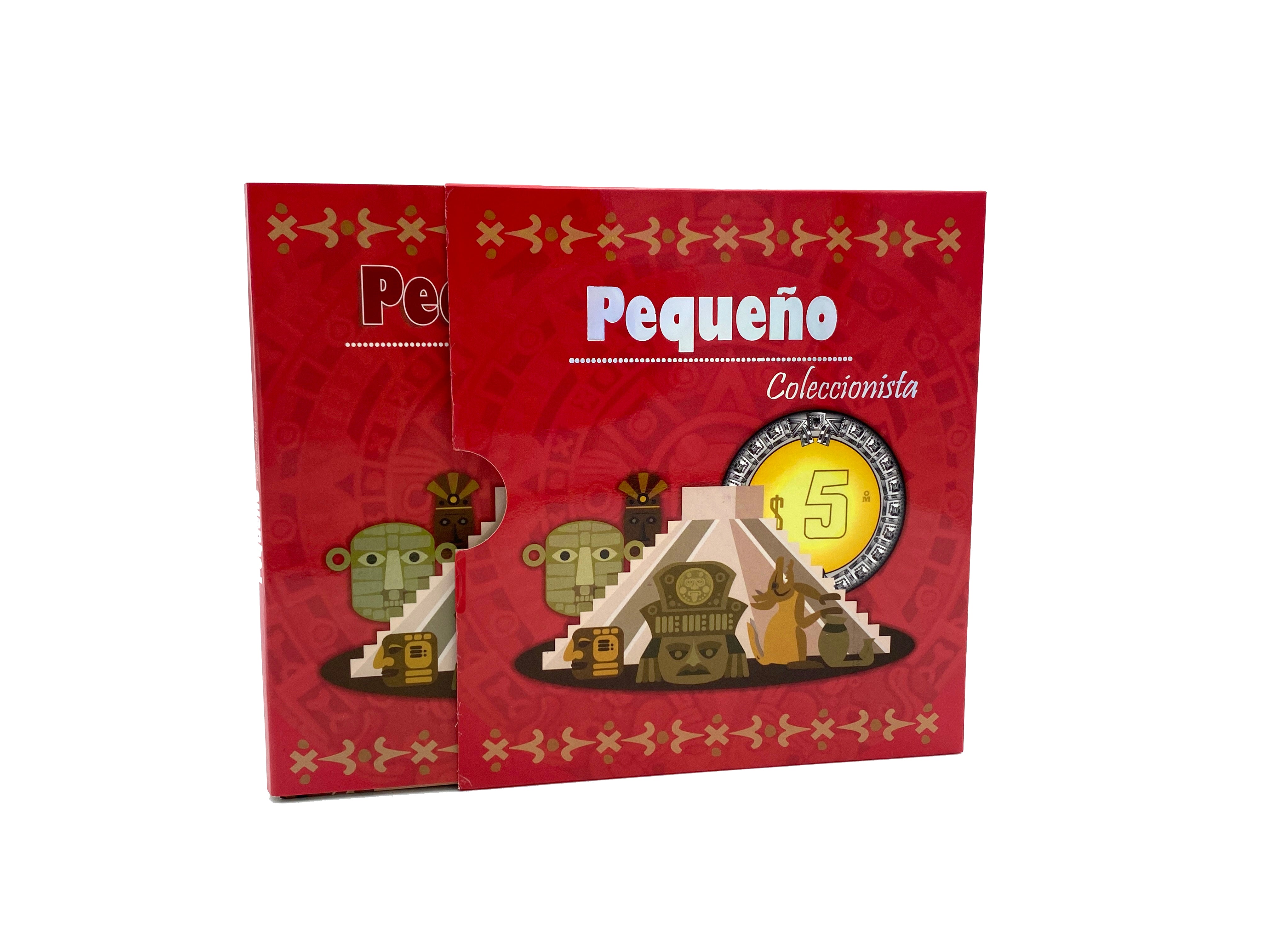 Álbum tríptico para coleccionistas de monedas mexicanas, ideal para monedas de 5 pesos, incluye espacio para monedas de 1992 a la fecha, con diseño vibrante y cubre polvo. Imágenes de culturas antiguas de México.