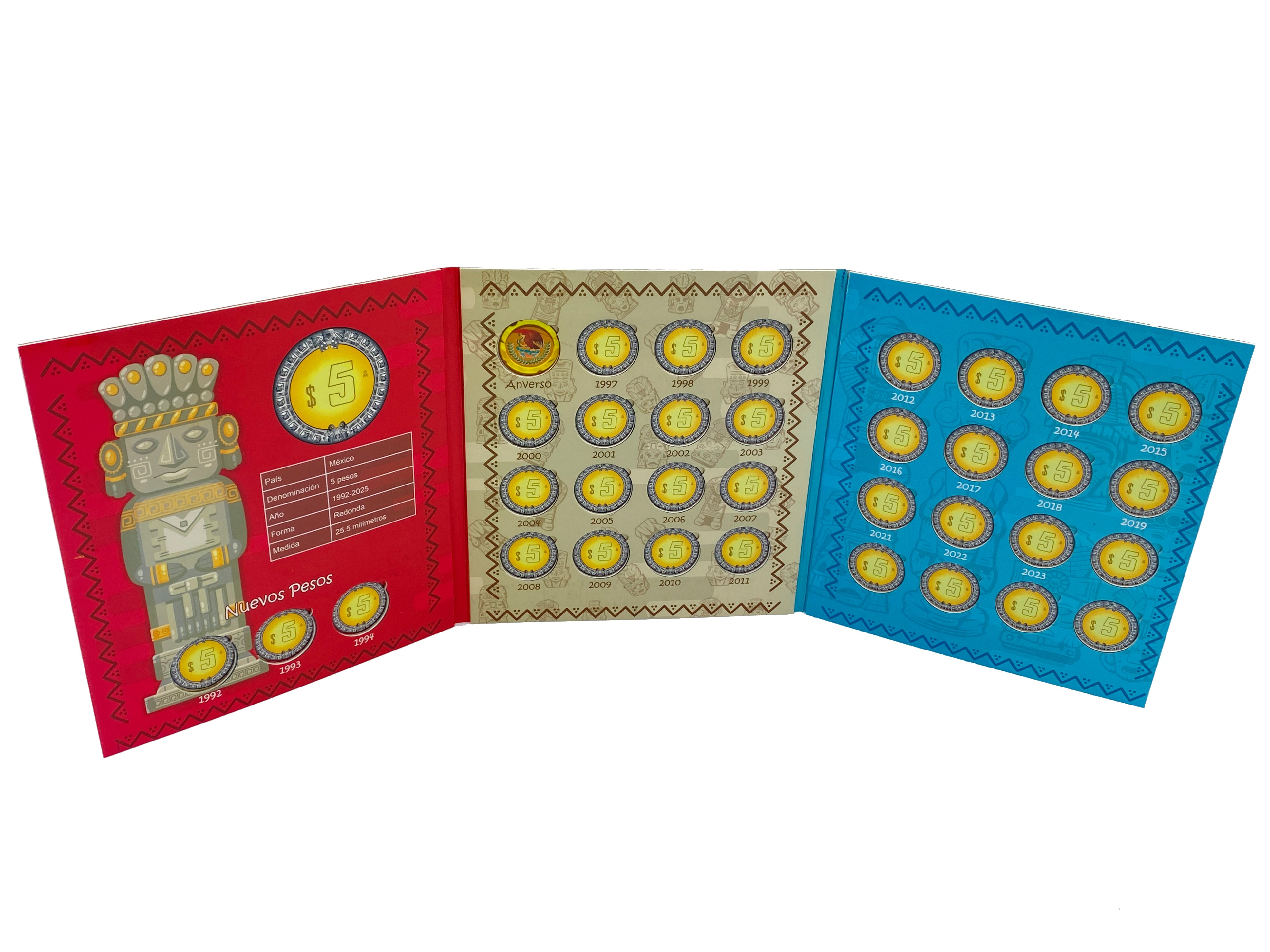 Álbum tríptico para coleccionistas de monedas mexicanas, ideal para monedas de 5 pesos, incluye espacio para monedas de 1992 a la fecha, con diseño vibrante y cubre polvo. Imágenes de culturas antiguas de México.