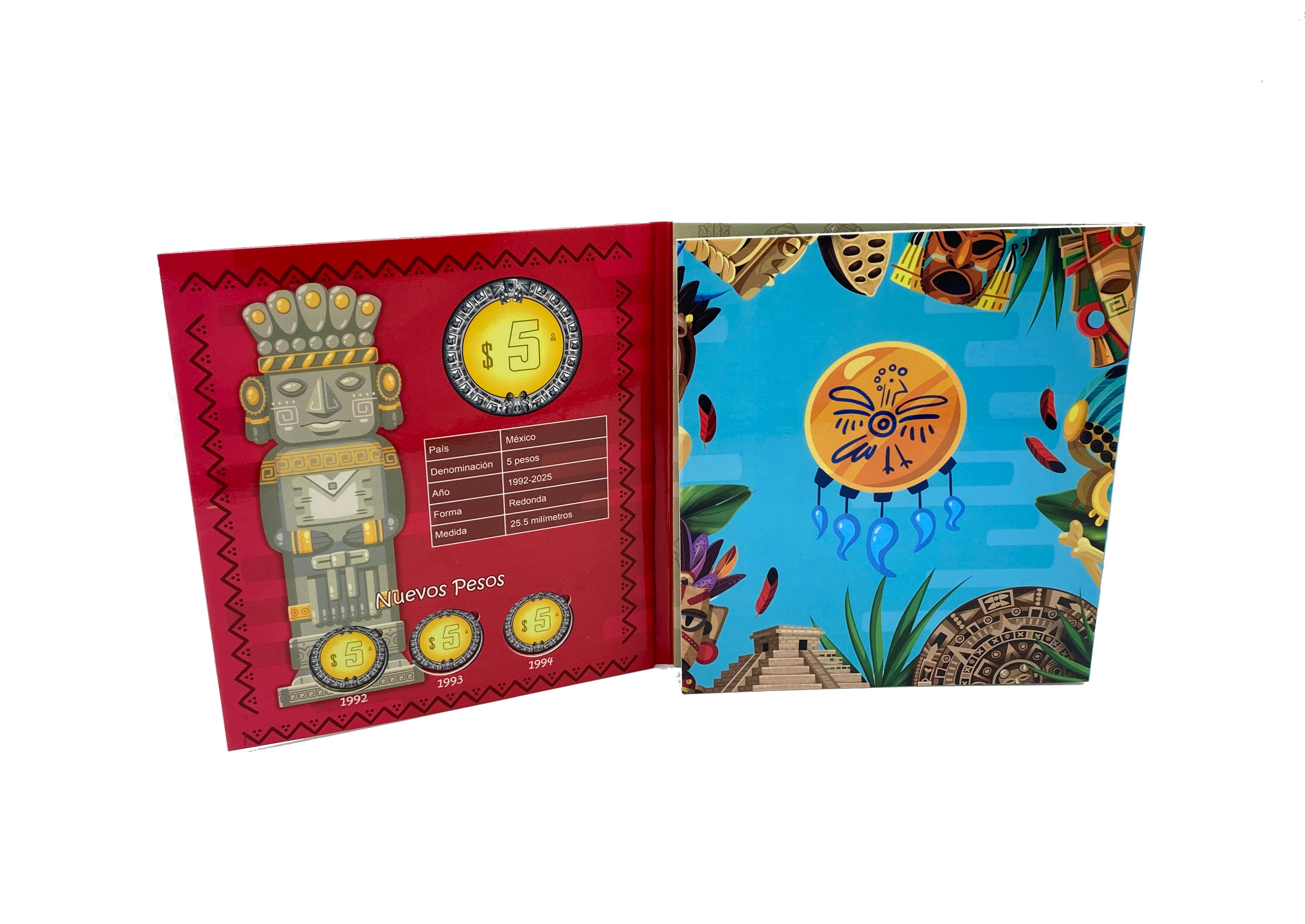 Álbum tríptico para coleccionistas de monedas mexicanas, ideal para monedas de 5 pesos, incluye espacio para monedas de 1992 a la fecha, con diseño vibrante y cubre polvo. Imágenes de culturas antiguas de México.