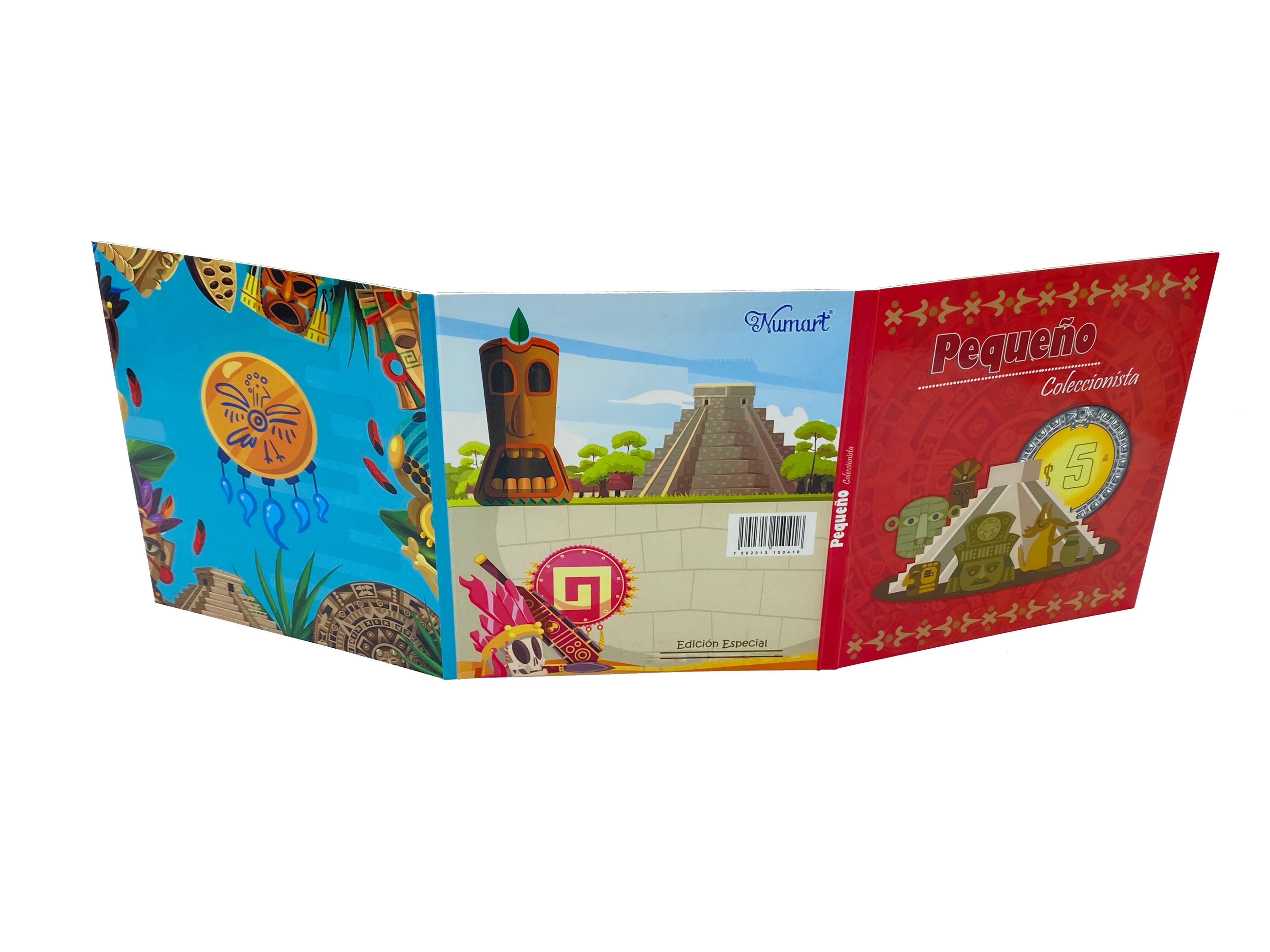 Álbum tríptico para coleccionistas de monedas mexicanas, ideal para monedas de 5 pesos, incluye espacio para monedas de 1992 a la fecha, con diseño vibrante y cubre polvo. Imágenes de culturas antiguas de México.