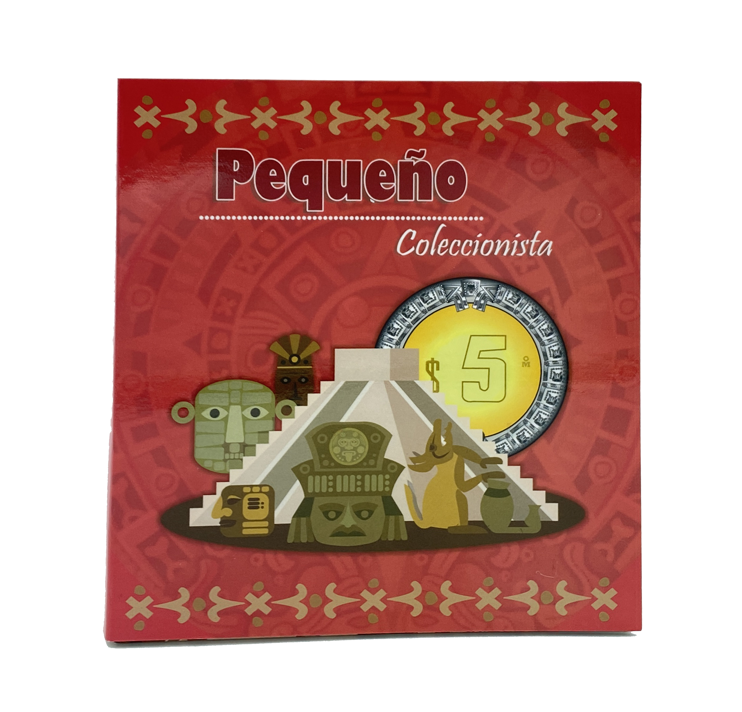 Álbum tríptico para coleccionistas de monedas mexicanas, ideal para monedas de 5 pesos, incluye espacio para monedas de 1992 a la fecha, con diseño vibrante y cubre polvo. Imágenes de culturas antiguas de México.