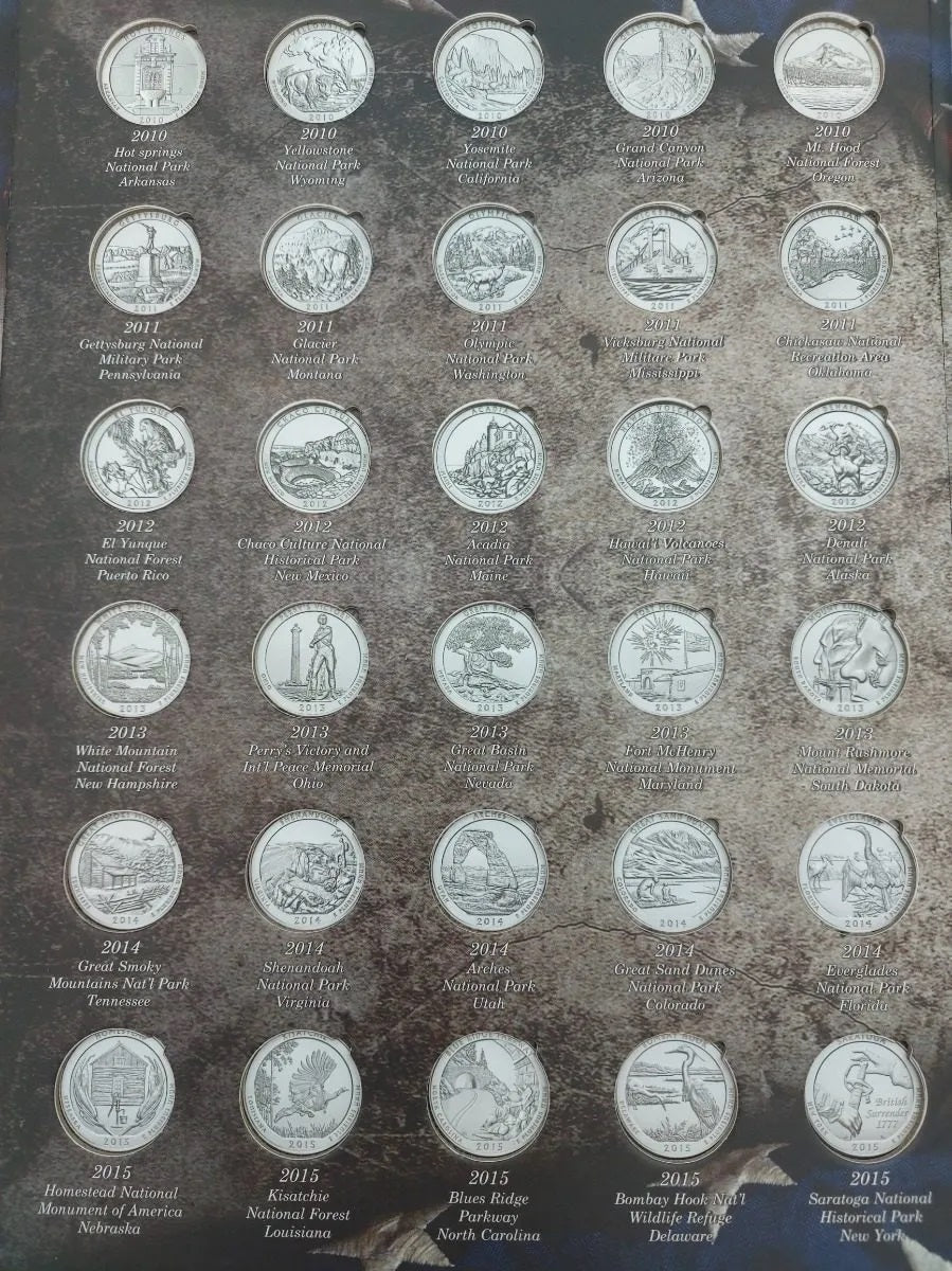 Álbum para monedas conmemorativas de un cuarto de dólar americano con imágenes de parques nacionales de EE.UU. (2010-2021), 60 espacios, hecho en México con gran calidad. Álbum para monedas conmemorativas de un cuarto de dólar americano con imágenes de parques nacionales de EE.UU. (2010-2021), 60 espacios, hecho en México con gran calidad.