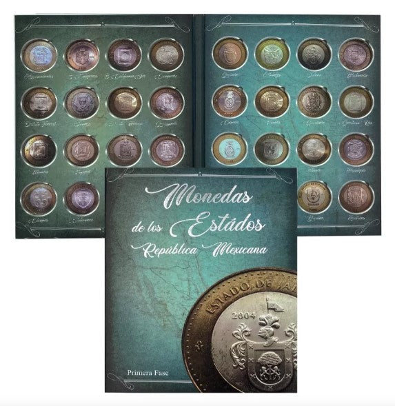 Set de regalo con dos coleccionadores de monedas mexicanas bimetálicas de 100 pesos, de las fases heráldica y emblemática, con álbum empastado en cartón, ideal para coleccionistas y especialistas numismáticos. El set incluye bolsa para regalo y moño metálico, ya empacado listo para enviarse.