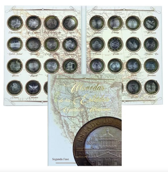 Set de regalo con dos coleccionadores de monedas mexicanas bimetálicas de 100 pesos, de las fases heráldica y emblemática, con álbum empastado en cartón, ideal para coleccionistas y especialistas numismáticos. El set incluye bolsa para regalo y moño metálico, ya empacado listo para enviarse.