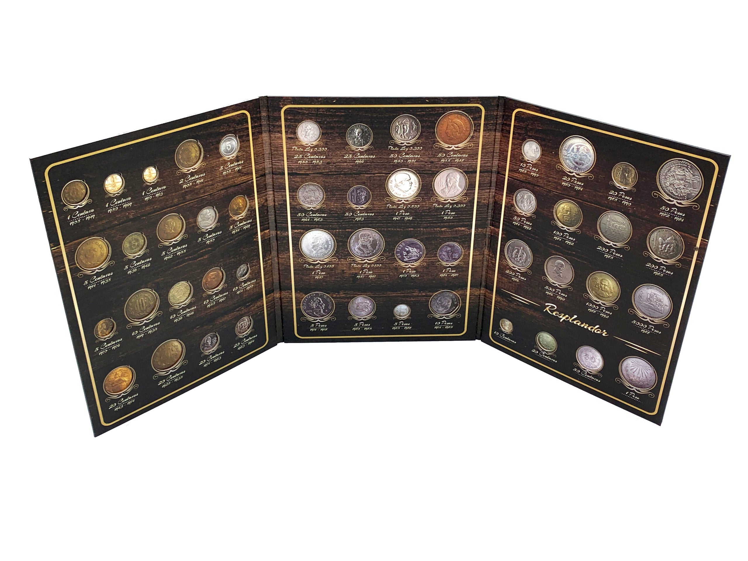 Set de 3 coleccionadores para monedas mexicanas, incluye álbum cuadríptico para monedas conmemorativas y billetes, álbum siglo XX y álbum de las décadas 70s y 80s, empastados en cartón con caja protectora, ideal para coleccionistas y numismáticos interesados en la historia monetaria de México.
