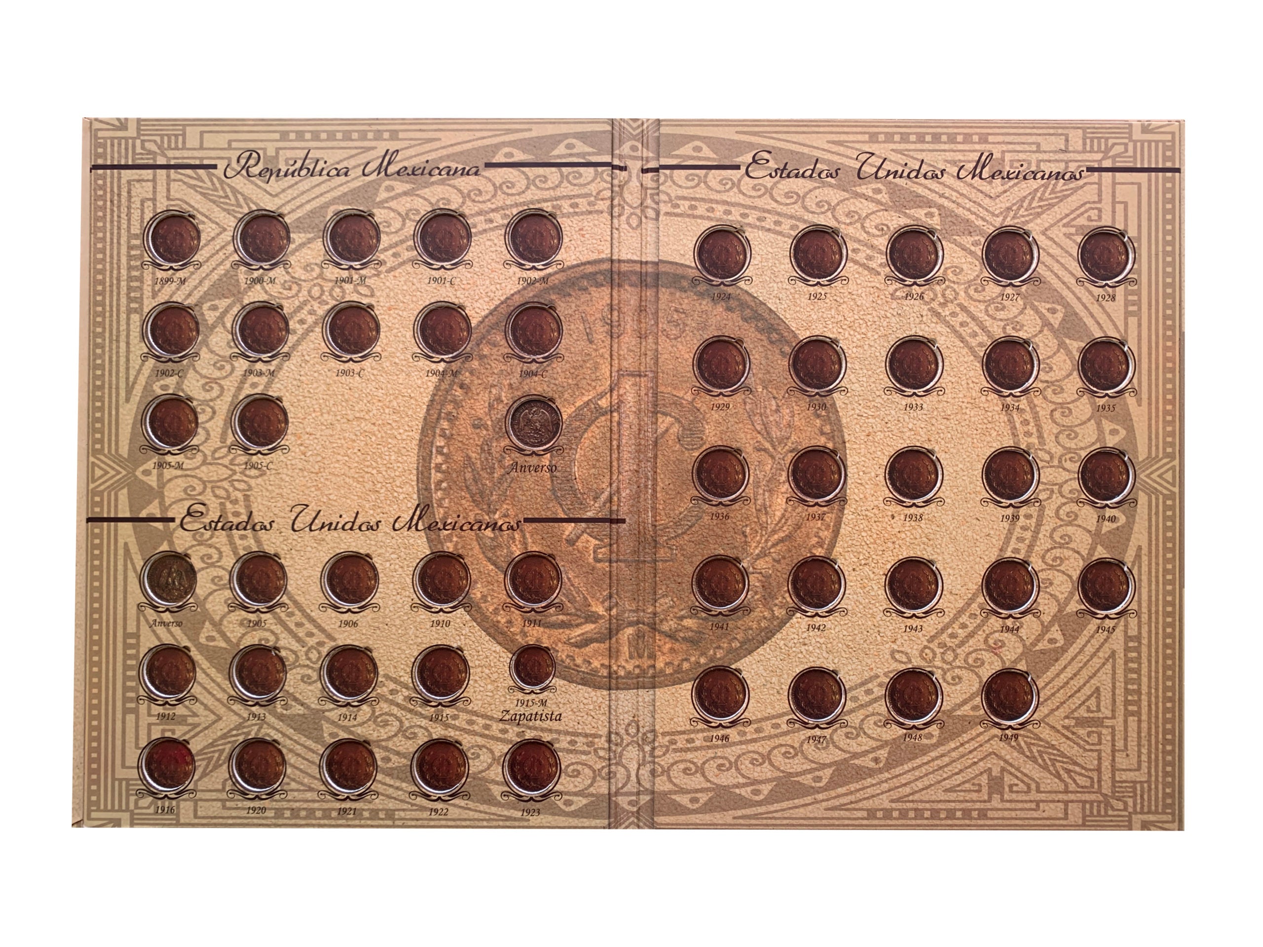 Set para regalo con 3 álbumes coleccionadores de monedas mexicanas (5 centavos Josefa, 1 centavo monograma, y ¢20 Teotihuacán) con caja cubre polvo, bolsa de regalo y moño verde metálico.