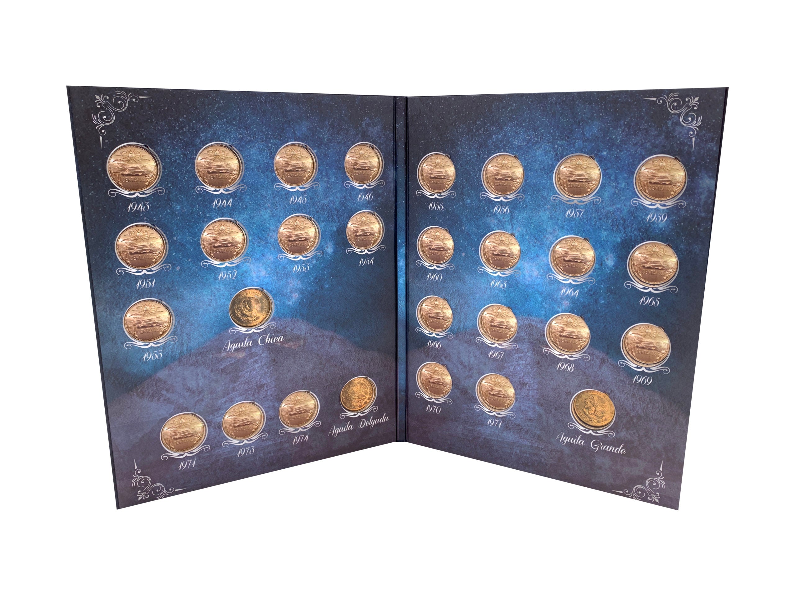 Set para regalo con 3 álbumes coleccionadores de monedas mexicanas (5 centavos Josefa, 1 centavo monograma, y ¢20 Teotihuacán) con caja cubre polvo, bolsa de regalo y moño verde metálico.