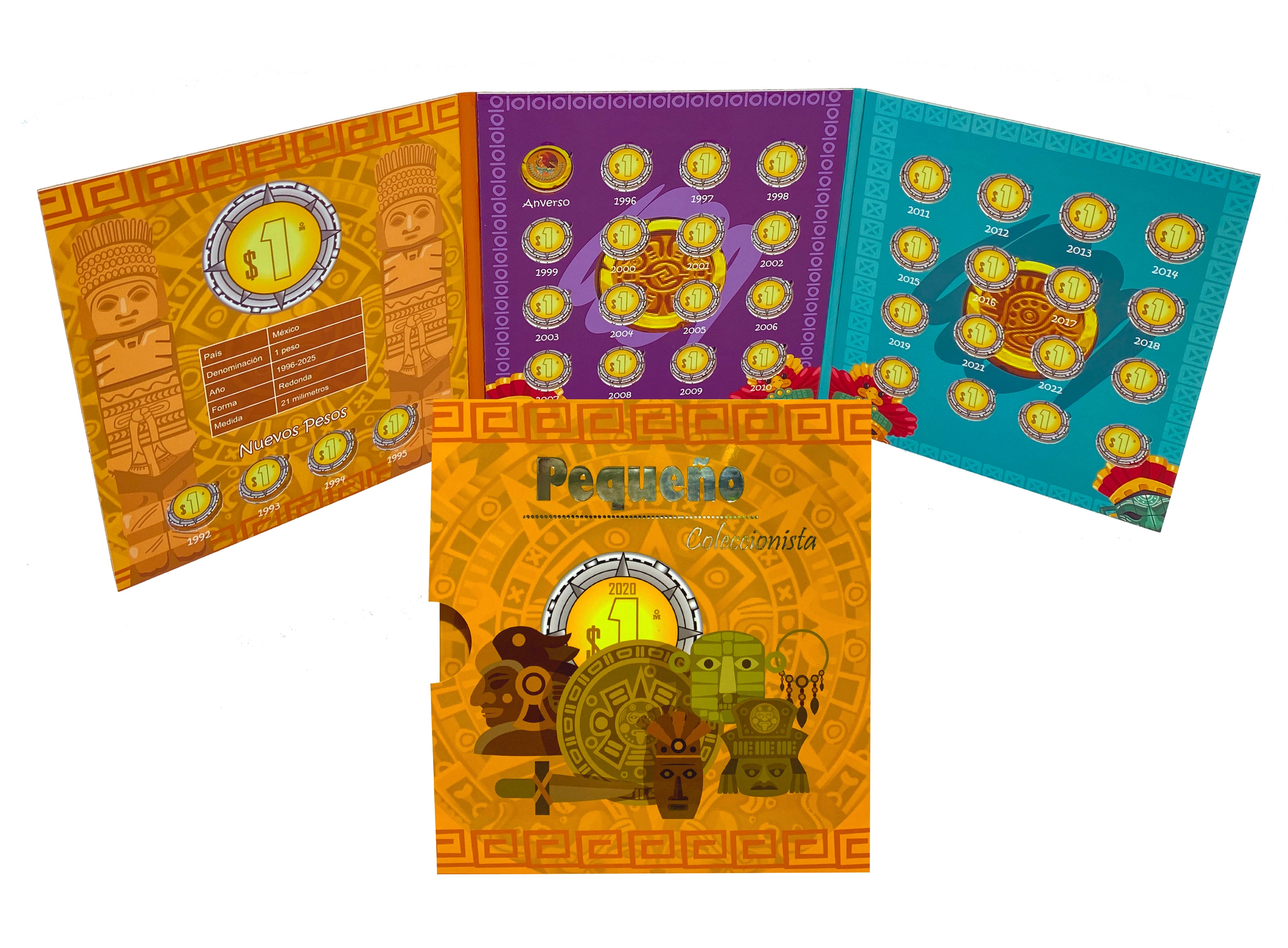 Set de 4 álbumes coleccionadores para monedas mexicanas de 1, 2, 5 y 10 pesos. Incluye funda cubre polvo, bolsa de regalo y moño. Ideal como herramienta didáctica y para coleccionistas. Listo para regalar con bolsa y moño incluidos.