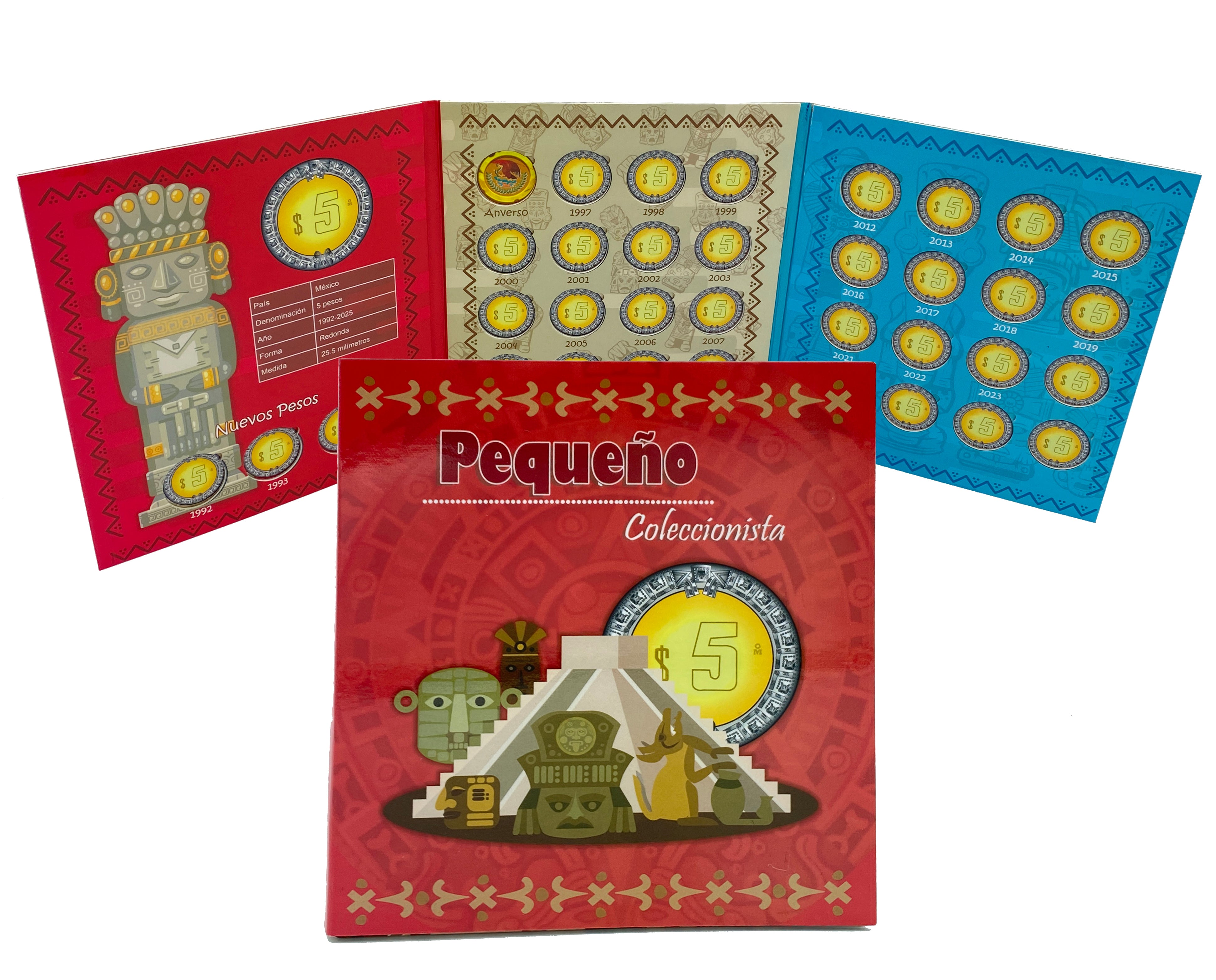 Set de 4 álbumes coleccionadores para monedas mexicanas de 1, 2, 5 y 10 pesos. Incluye funda cubre polvo, bolsa de regalo y moño. Ideal como herramienta didáctica y para coleccionistas. Listo para regalar con bolsa y moño incluidos.