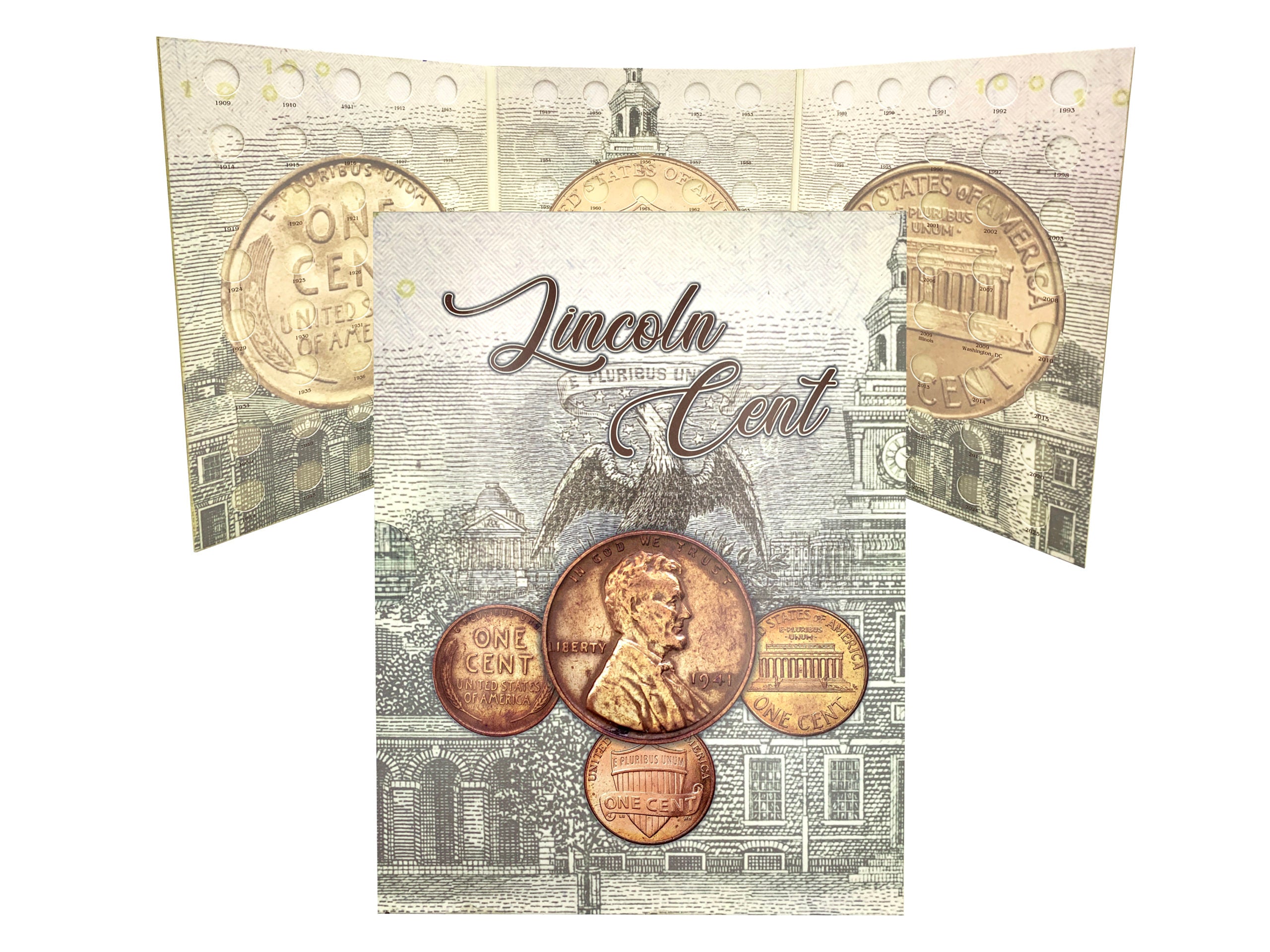 Set para coleccionistas con 3 álbumes para monedas estadounidenses, incluye colección de parques nacionales (2010-2021), Lincoln Penny (1909-2025) y estados nacionales (1999-2009), empastados en cartón con caja protectora y listos para regalar, ideal para numismáticos.