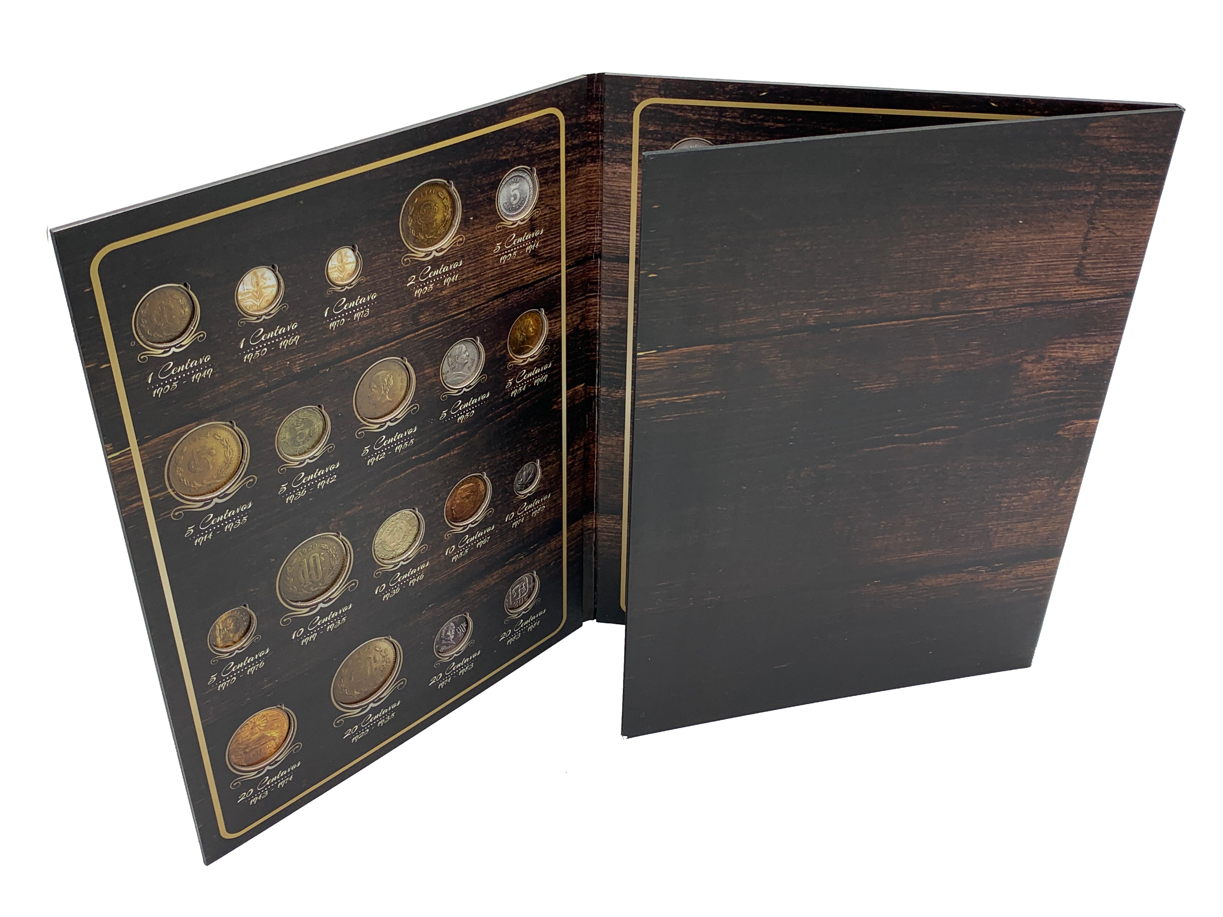 Álbum coleccionador de monedas mexicanas del siglo XX, edición tríptico, pasta dura con impresión tipo madera, capacidad para 51 monedas de diversas denominaciones desde 1905 hasta 1992.